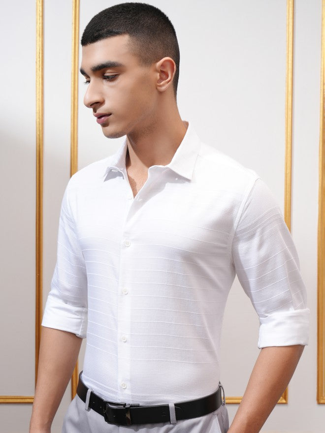 Highlander Men White Textured Slim Fit Casual Shirt - White - Image 4