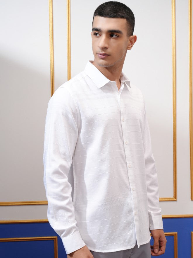 Highlander Men White Textured Slim Fit Casual Shirt - White - Image 6