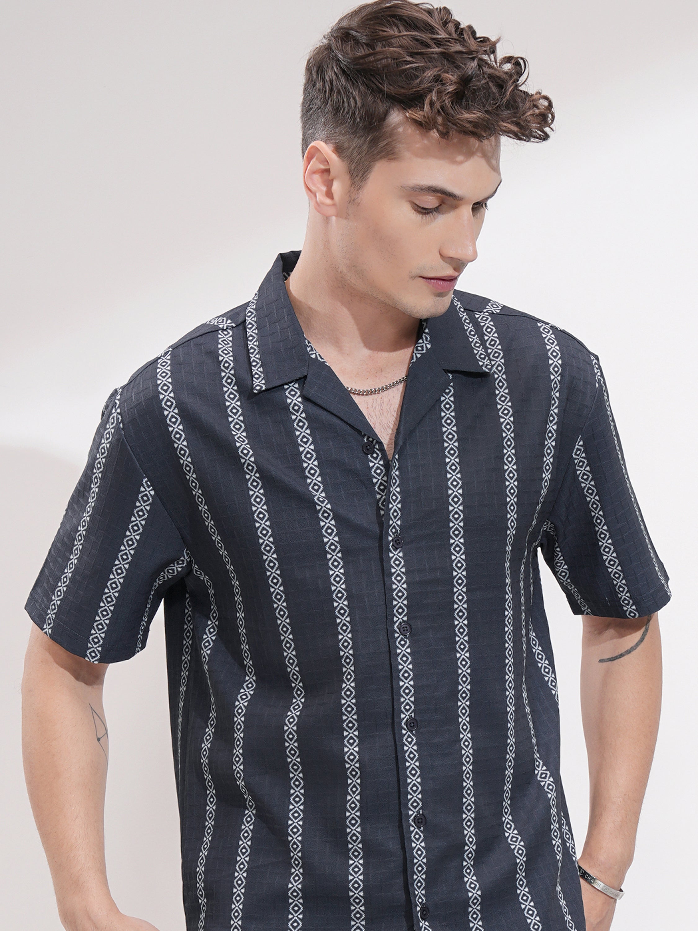 Highlander Men Navy Blue Self Design Relaxed Fit Casual Shirt - Navy Blue - Image 1