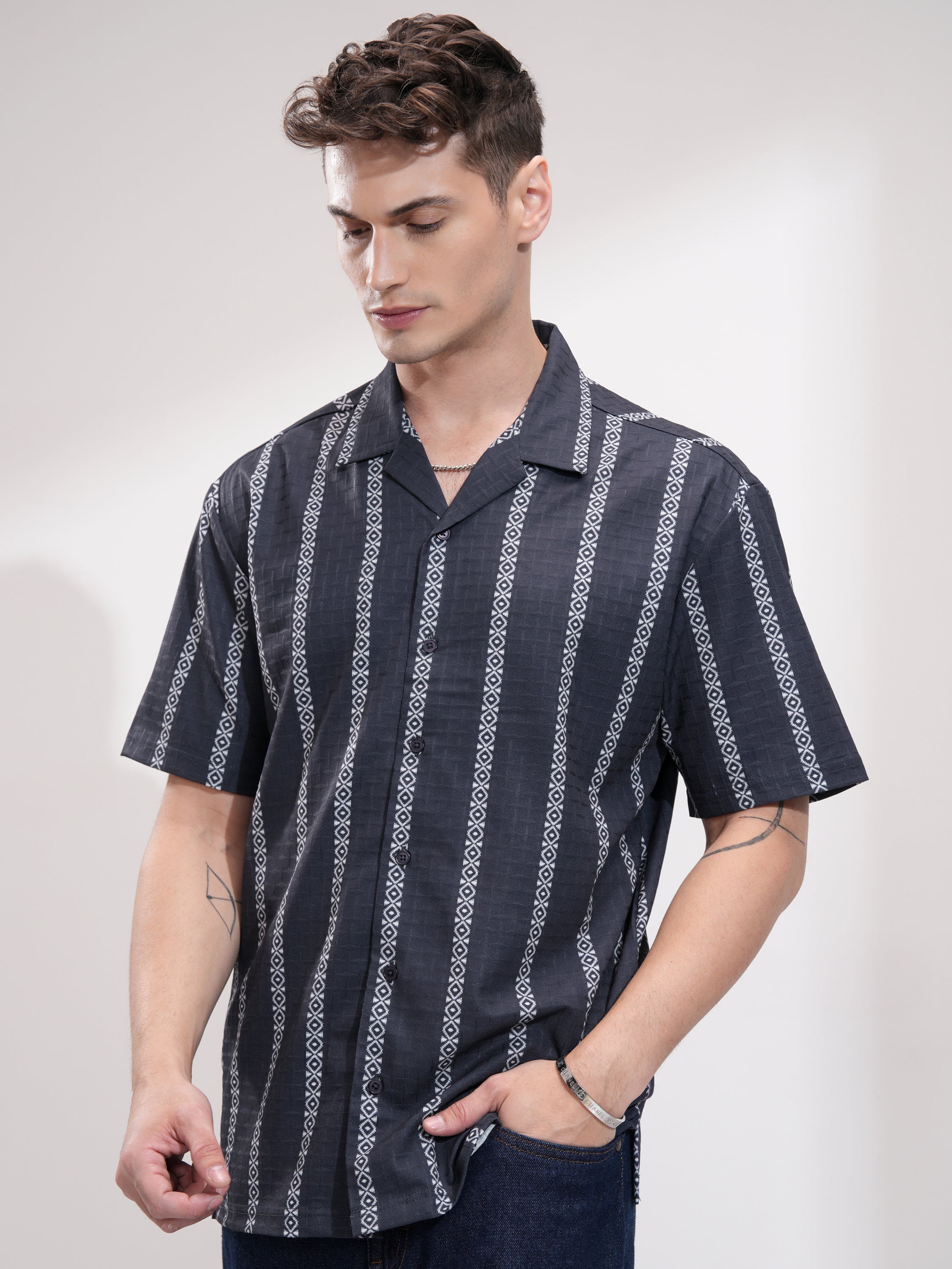 Highlander Men Navy Blue Self Design Relaxed Fit Casual Shirt - Navy Blue - Image 4