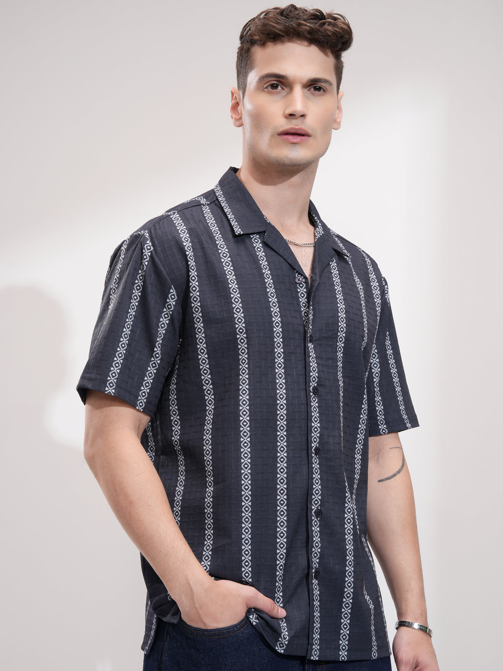 Highlander Men Navy Blue Self Design Relaxed Fit Casual Shirt - Navy Blue - Image 6