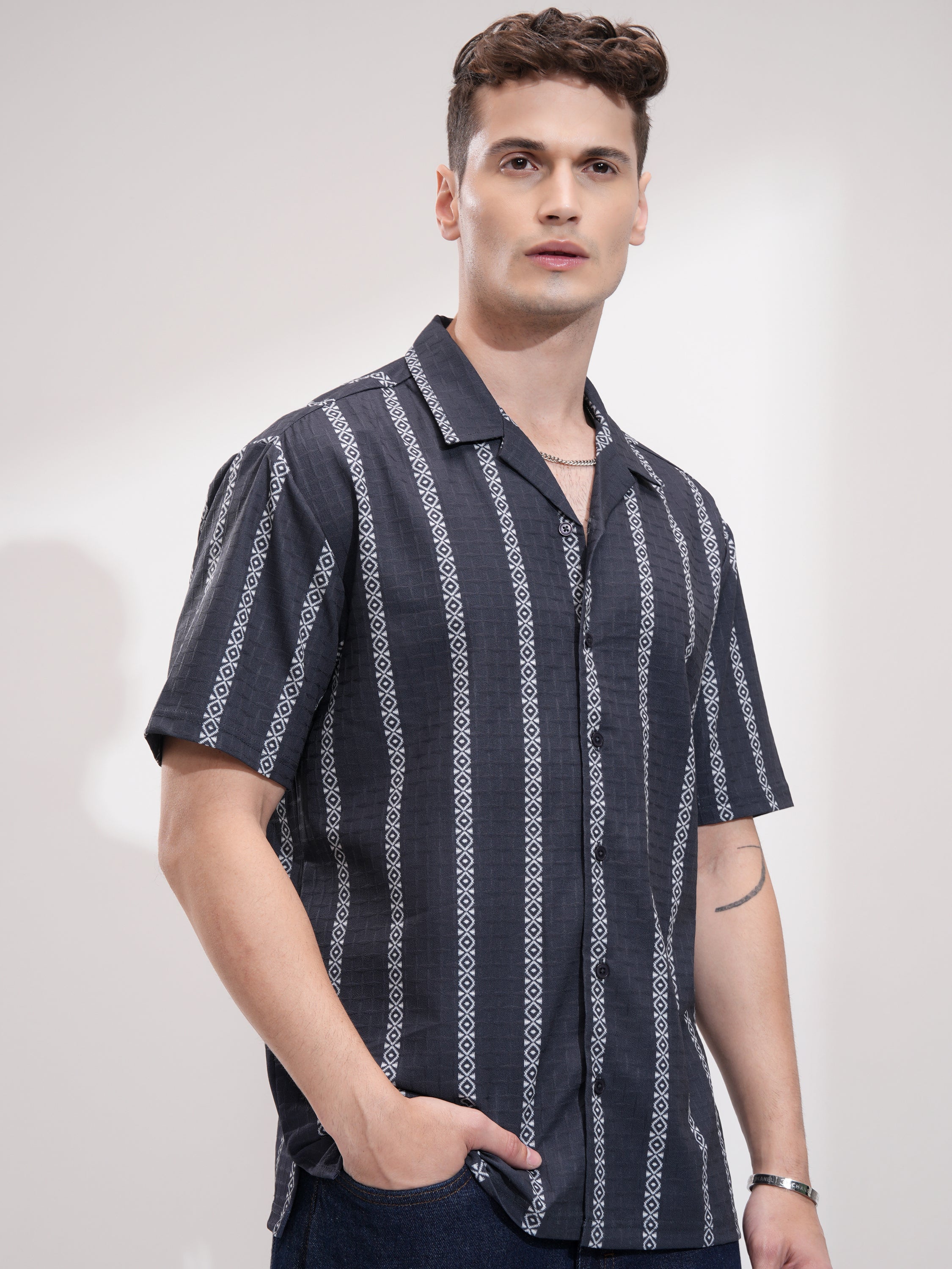 Highlander Men Navy Blue Self Design Relaxed Fit Casual Shirt - Navy Blue - Image 6