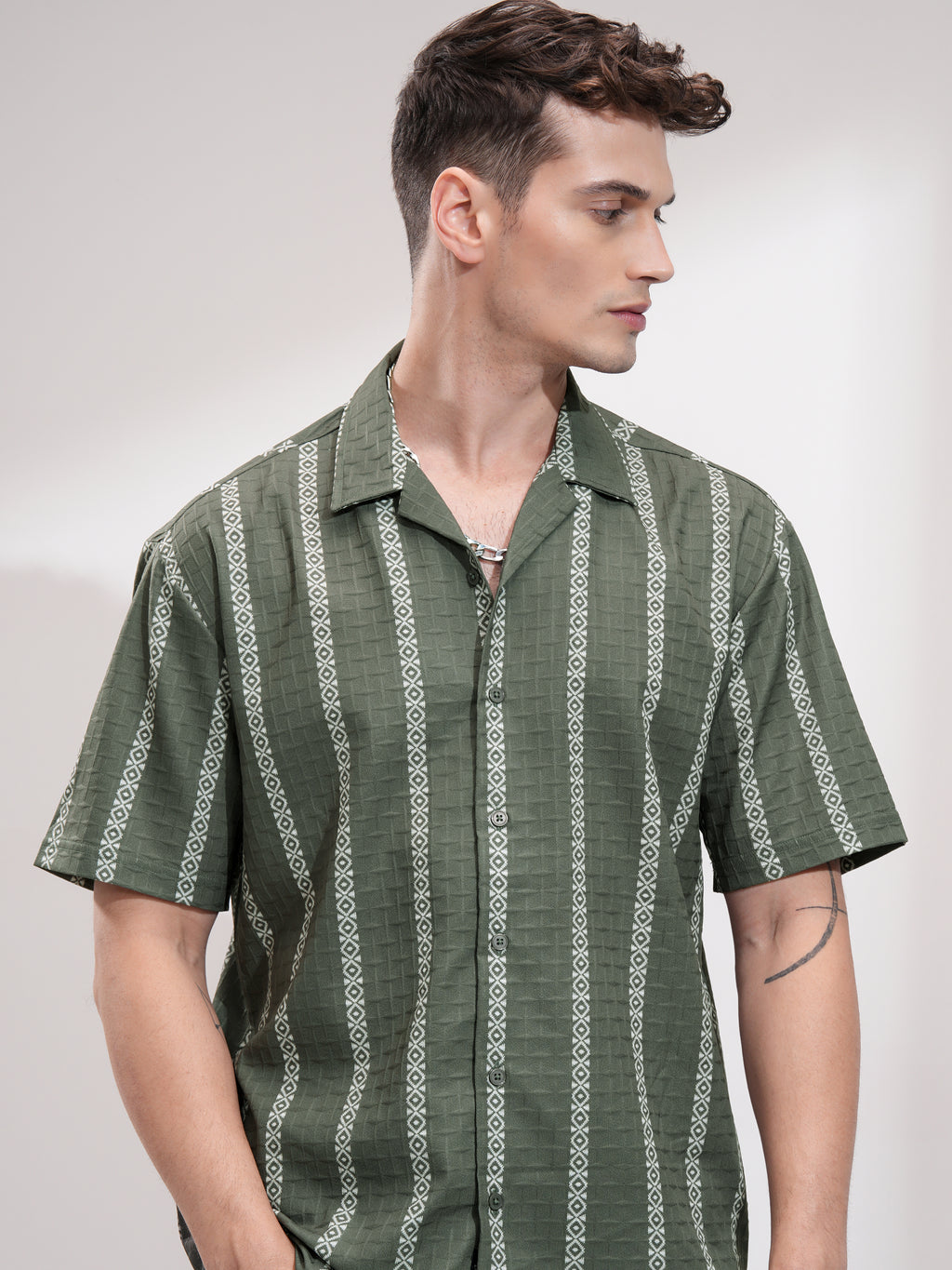 Highlander Men Olive Self Design Relaxed Fit Casual Shirt - Olive - Image 1