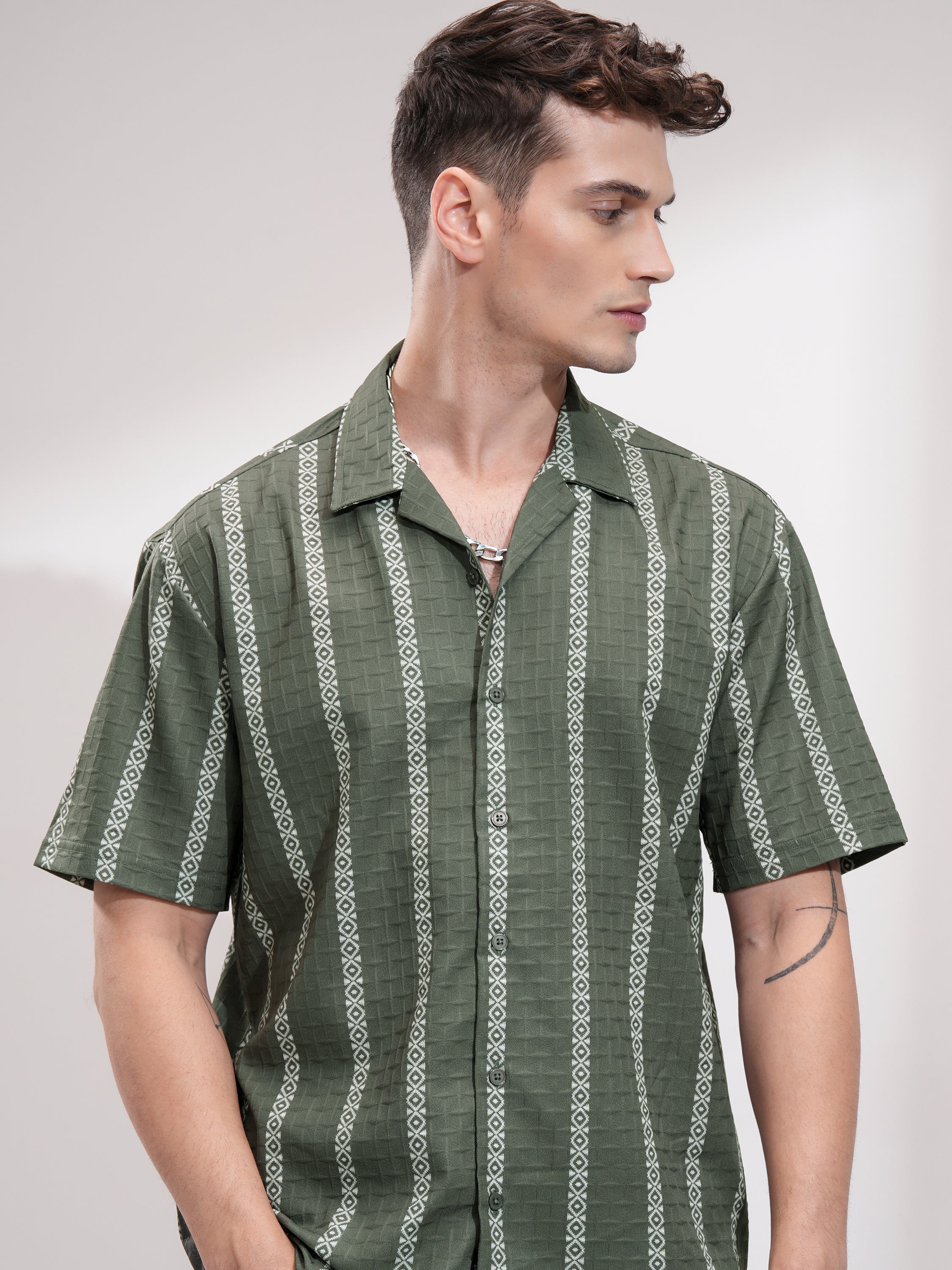 Highlander Men Olive Self Design Relaxed Fit Casual Shirt - Olive - Image 1