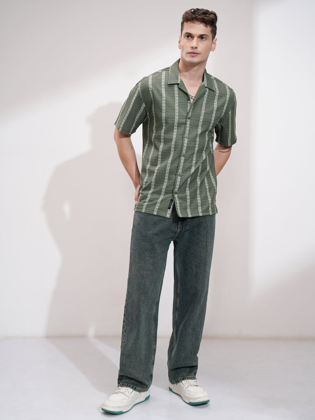 Highlander Men Olive Self Design Relaxed Fit Casual Shirt - Olive - Image 2