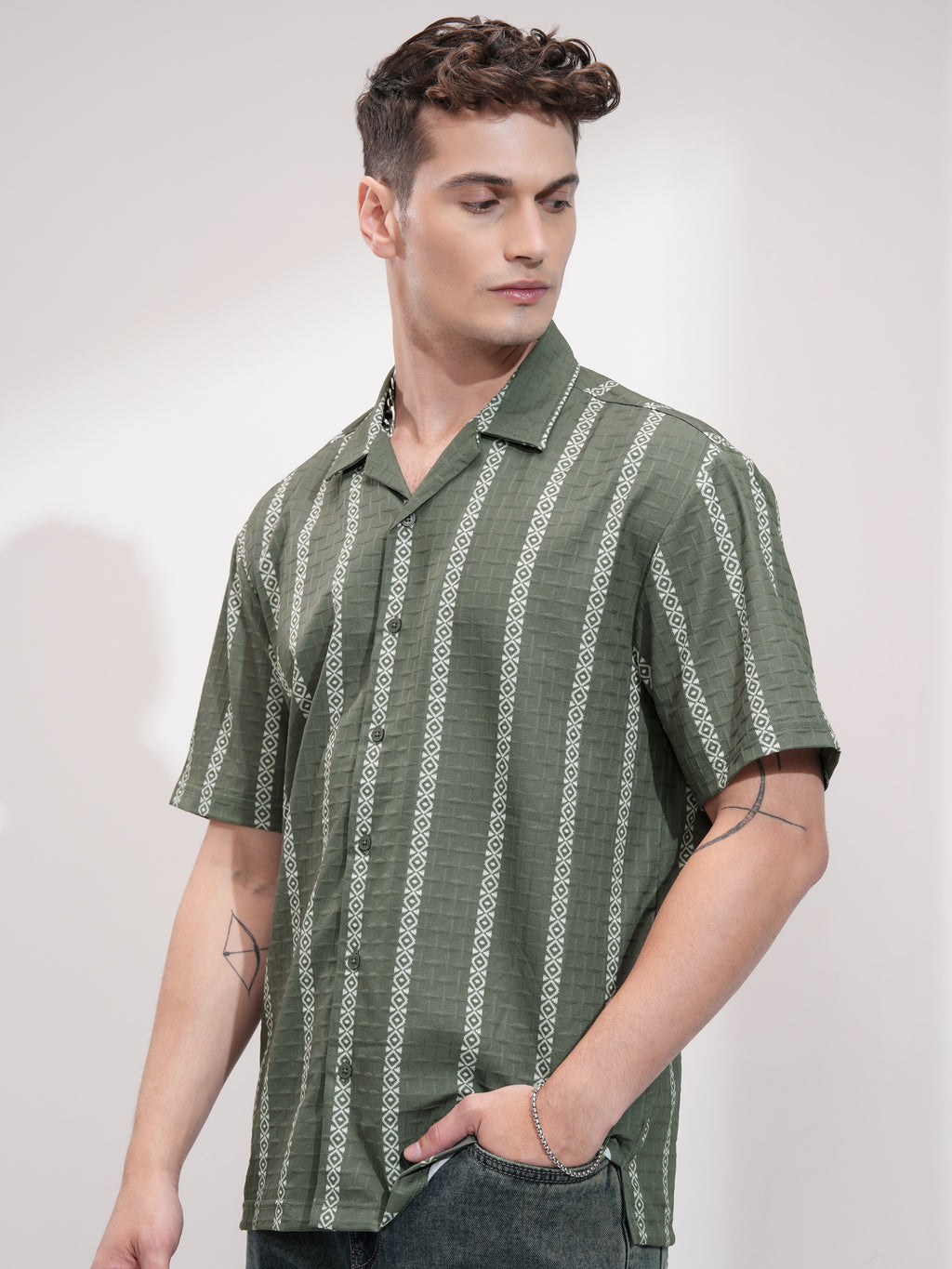 Highlander Men Olive Self Design Relaxed Fit Casual Shirt - Olive - Image 4