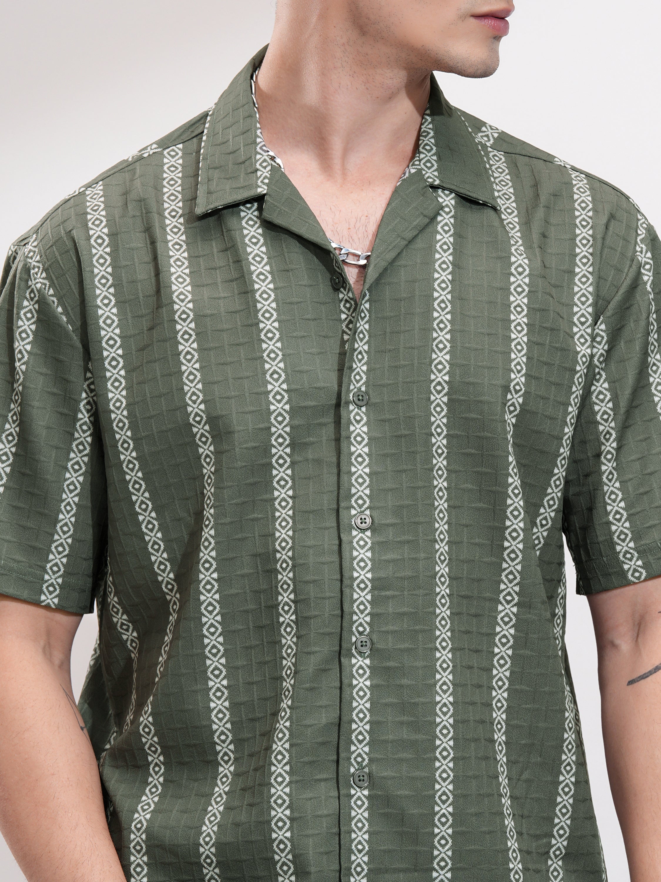 Highlander Men Olive Self Design Relaxed Fit Casual Shirt - Olive - Image 5