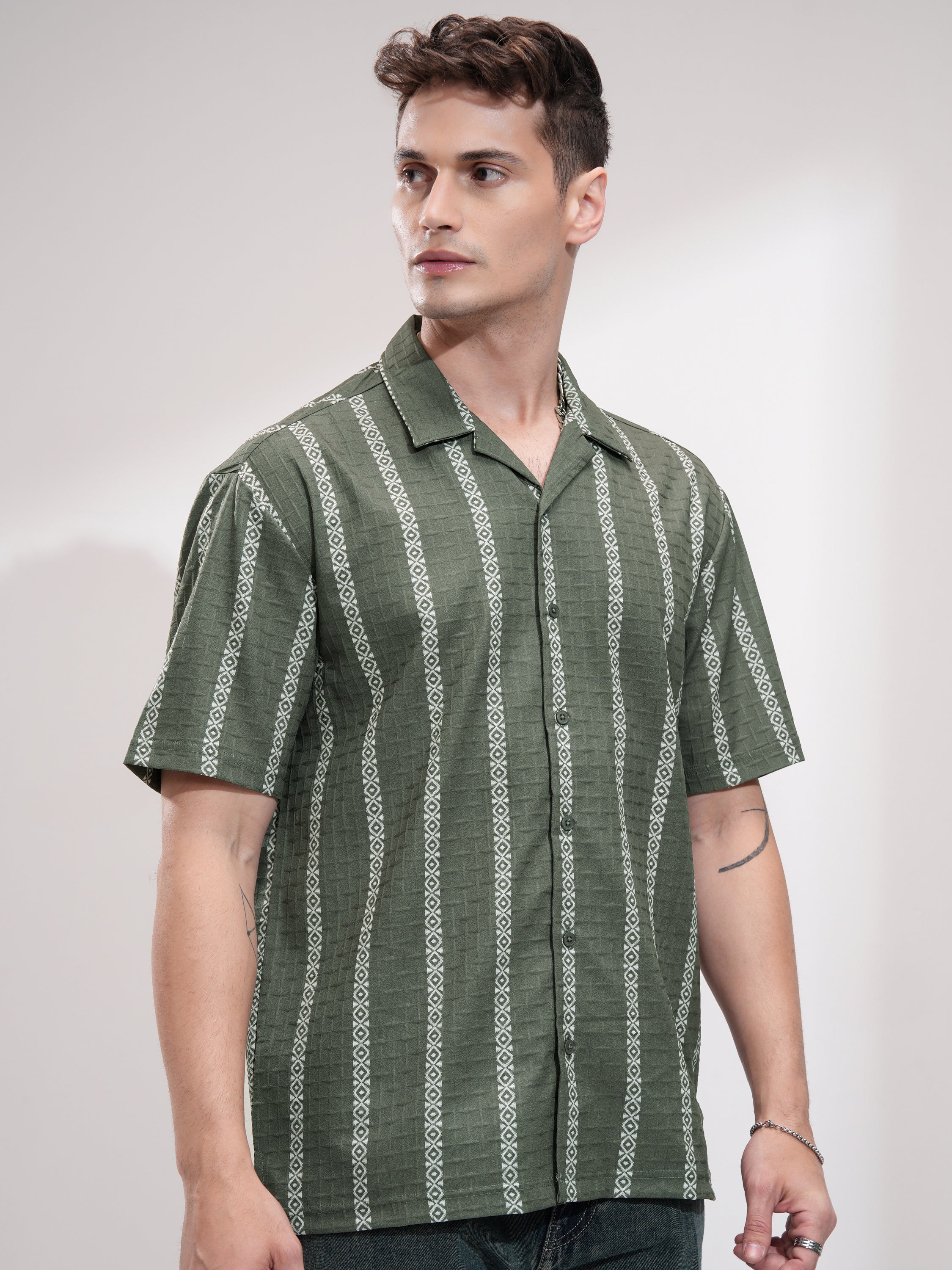 Highlander Men Olive Self Design Relaxed Fit Casual Shirt - Olive - Image 6