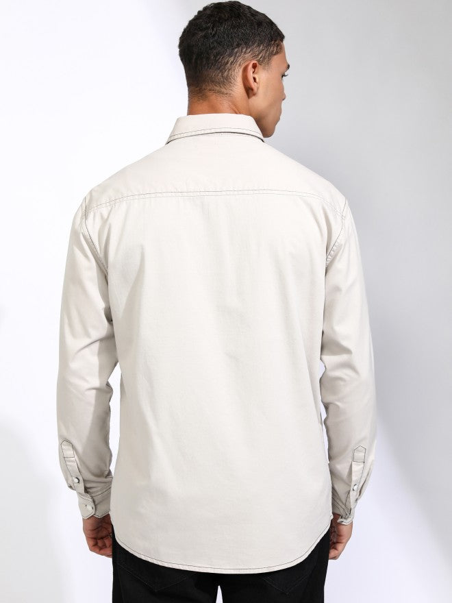 Highlander Men Grey Solid Relaxed Fit Casual Shirt - Grey - Image 3