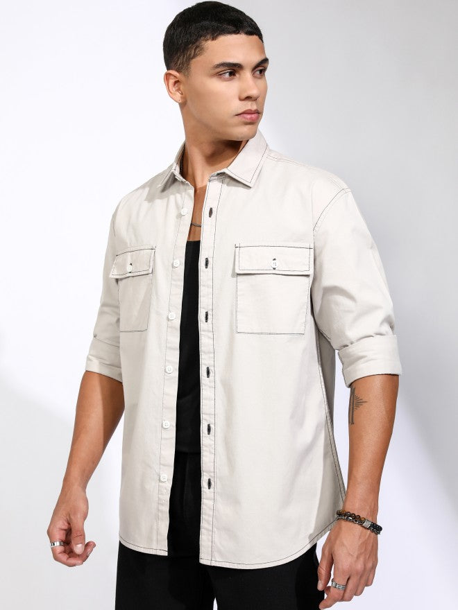 Highlander Men Grey Solid Relaxed Fit Casual Shirt - Grey - Image 4