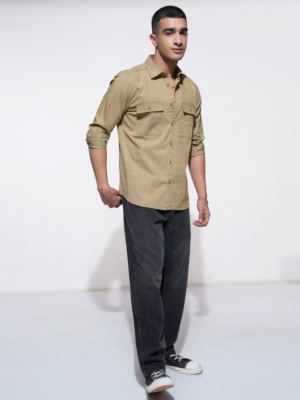 Highlander Men Khaki Self Design Regular Fit Casual Shirt - Khaki - Image 2