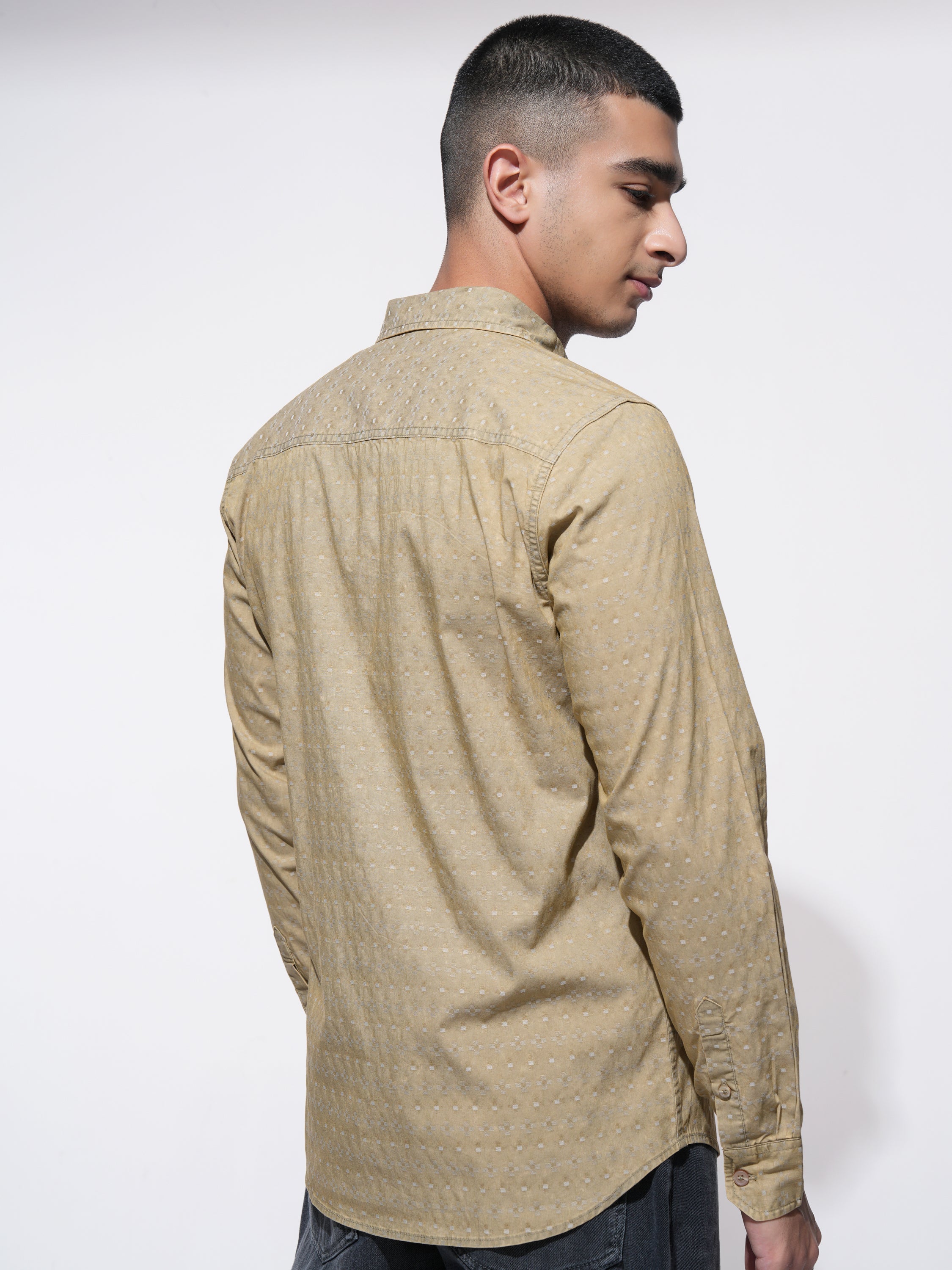 Highlander Men Khaki Self Design Regular Fit Casual Shirt - Khaki - Image 3