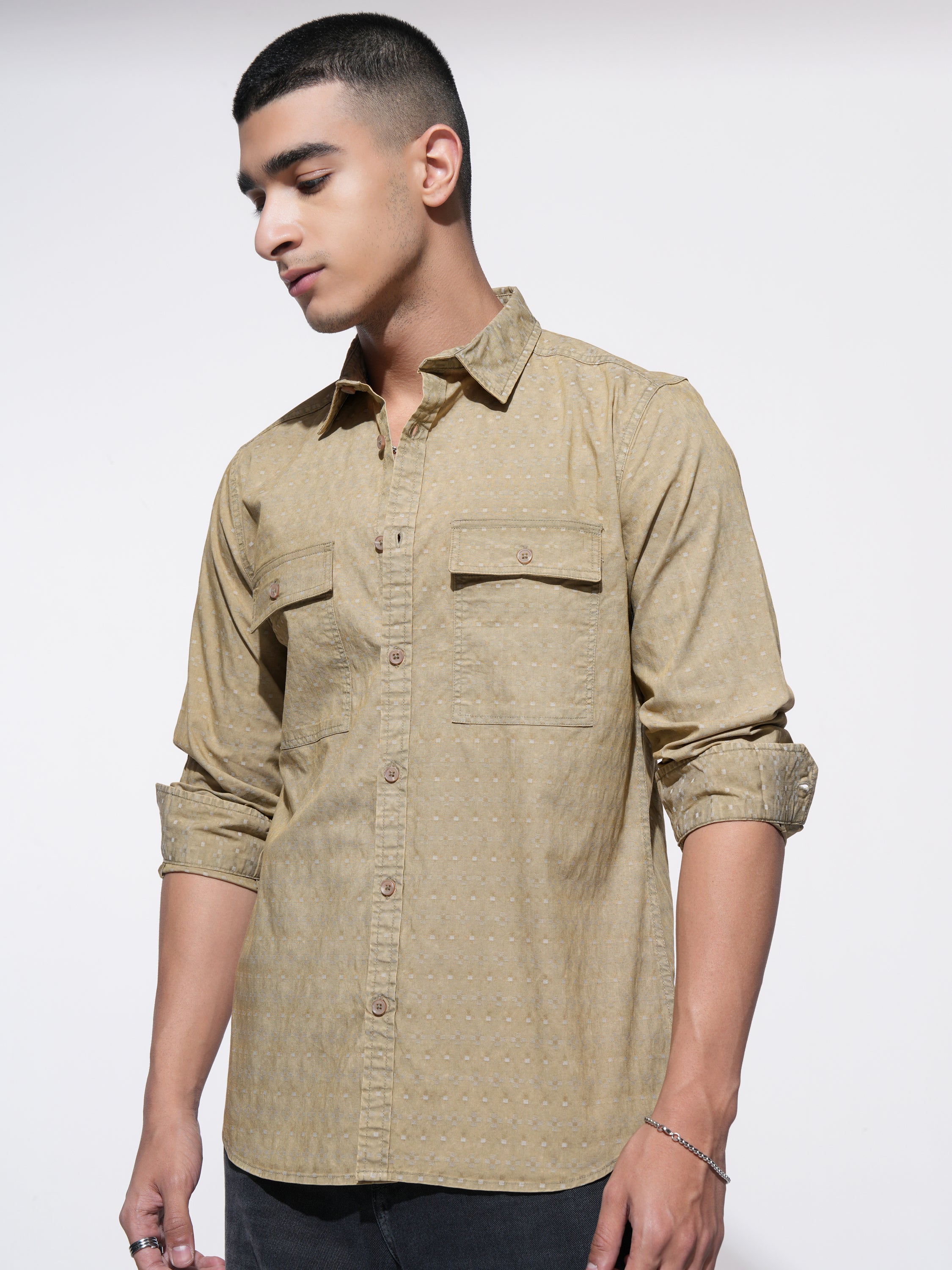 Highlander Men Khaki Self Design Regular Fit Casual Shirt - Khaki - Image 4