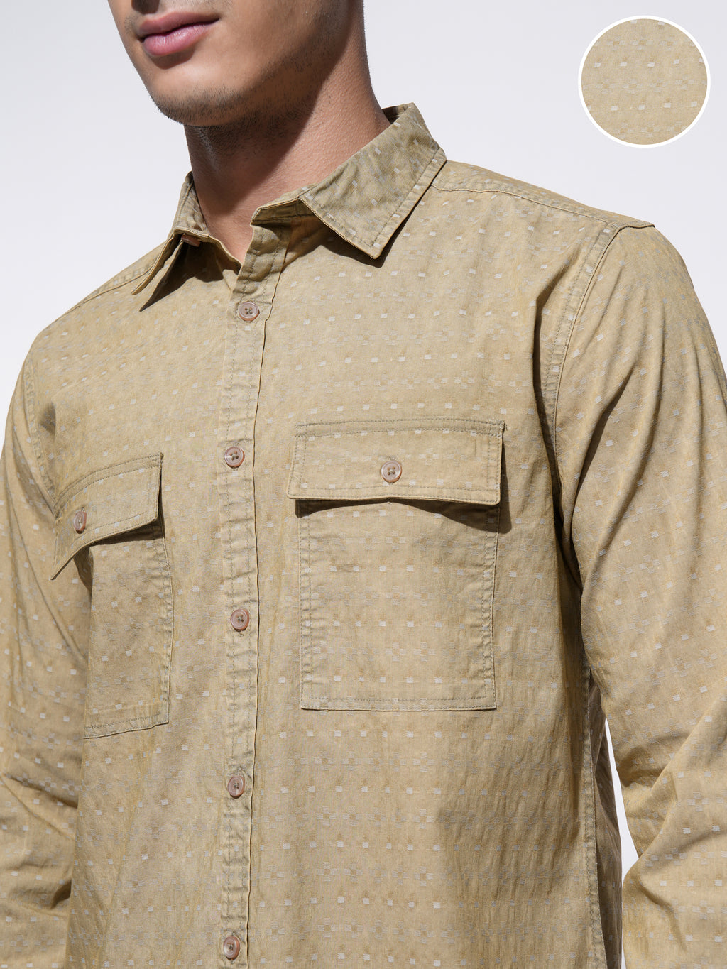 Highlander Men Khaki Self Design Regular Fit Casual Shirt - Khaki - Image 5