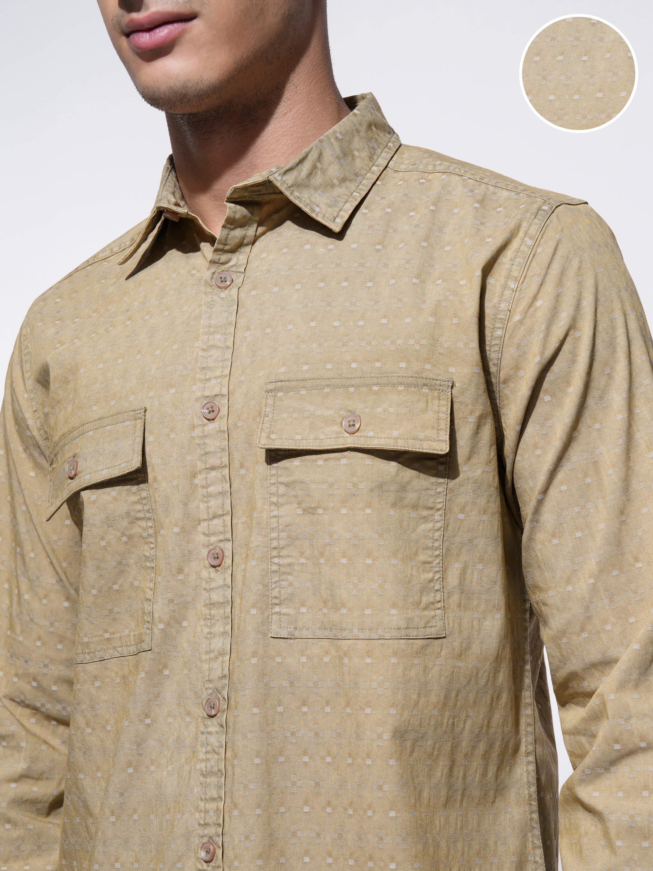 Highlander Men Khaki Self Design Regular Fit Casual Shirt - Khaki - Image 5