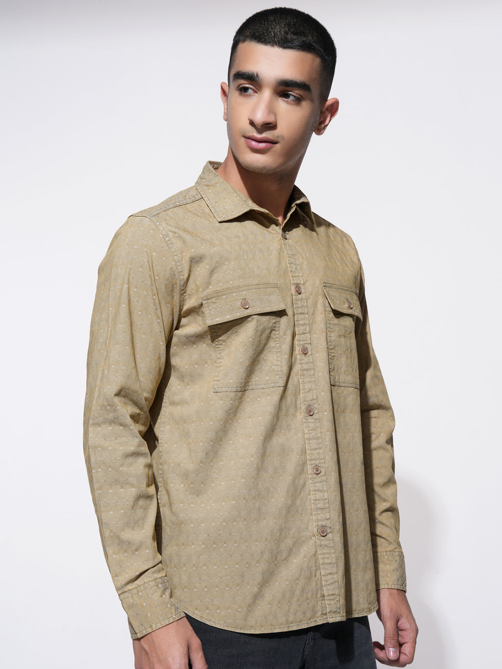 Highlander Men Khaki Self Design Regular Fit Casual Shirt - Khaki - Image 6