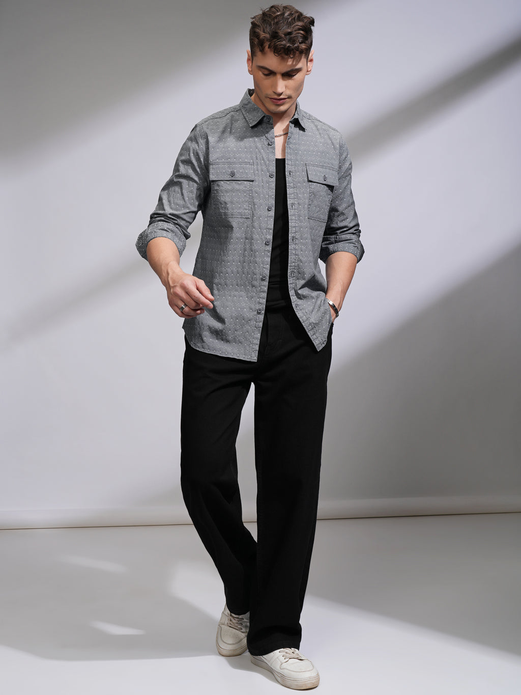 Highlander Men Grey Textured Regular Fit Casual Shirt - Grey - Image 2