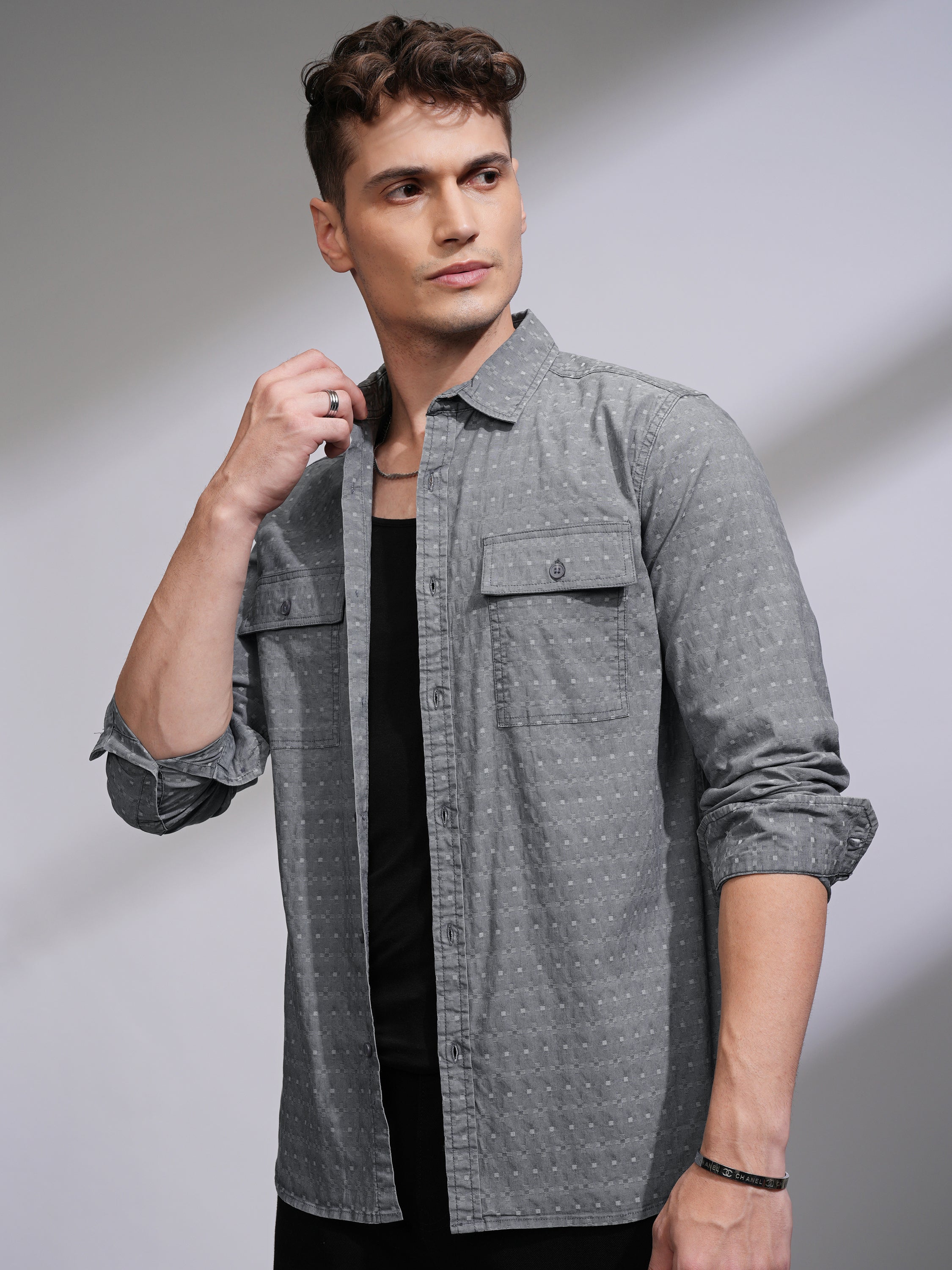 Highlander Men Grey Textured Regular Fit Casual Shirt - Grey - Image 4