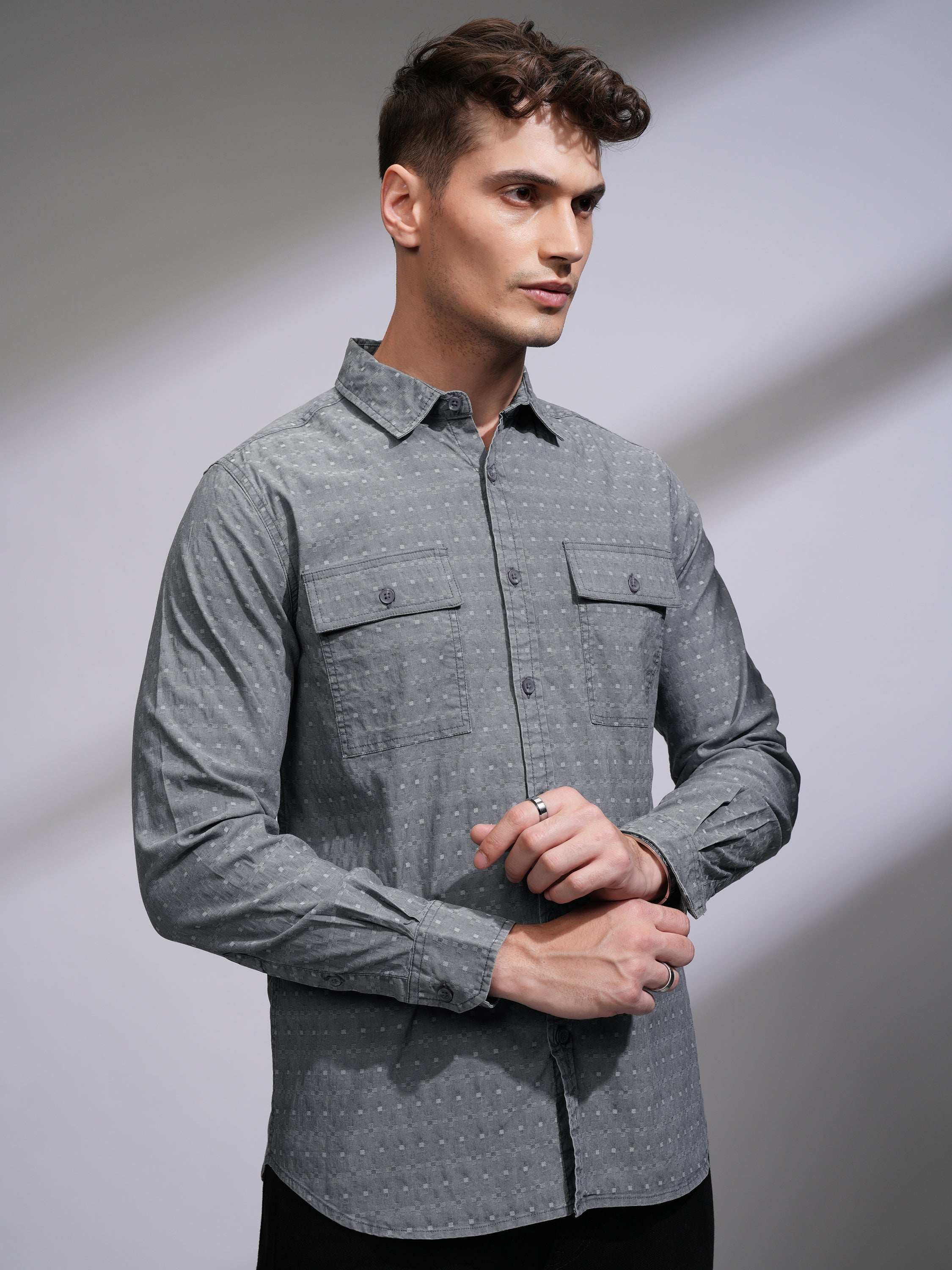 Highlander Men Grey Textured Regular Fit Casual Shirt - Grey - Image 6