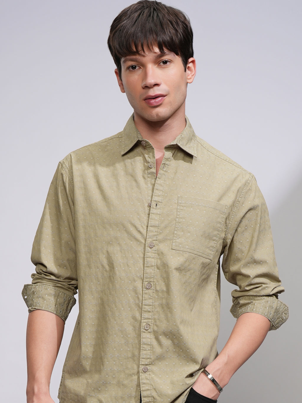 Highlander Men Khaki Textured Relaxed Fit Casual Shirt - Khaki - Image 1