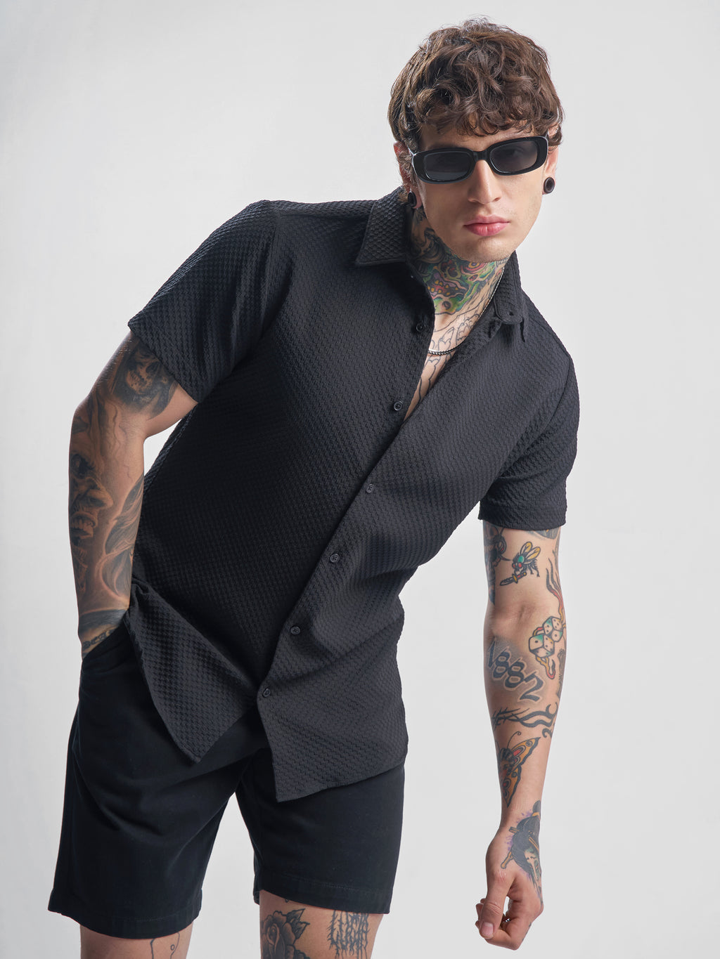 Highlander Men Black Self Design Regular Fit Casual Shirt - Black - Image 1