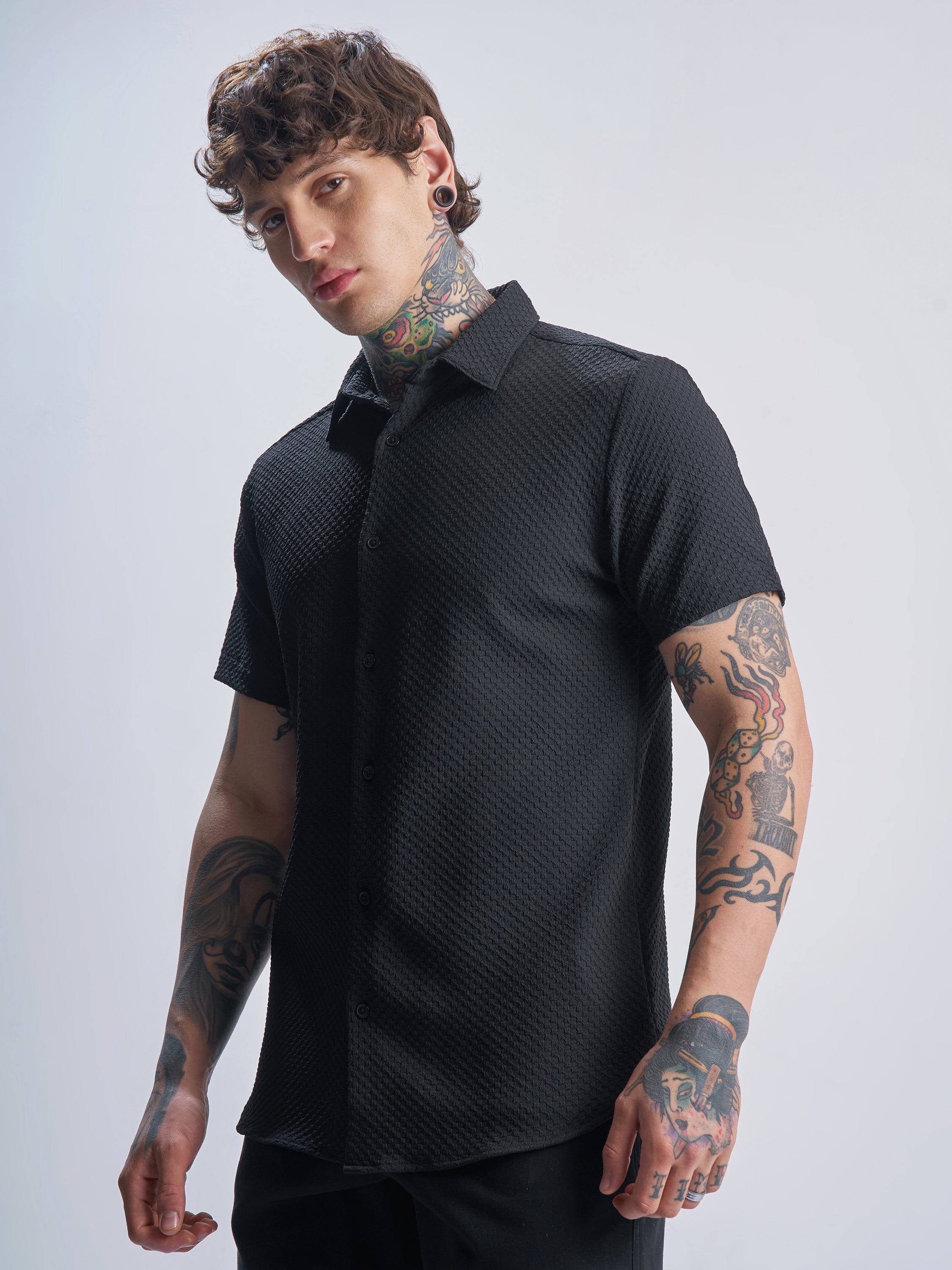 Highlander Men Black Self Design Regular Fit Casual Shirt - Black - Image 4