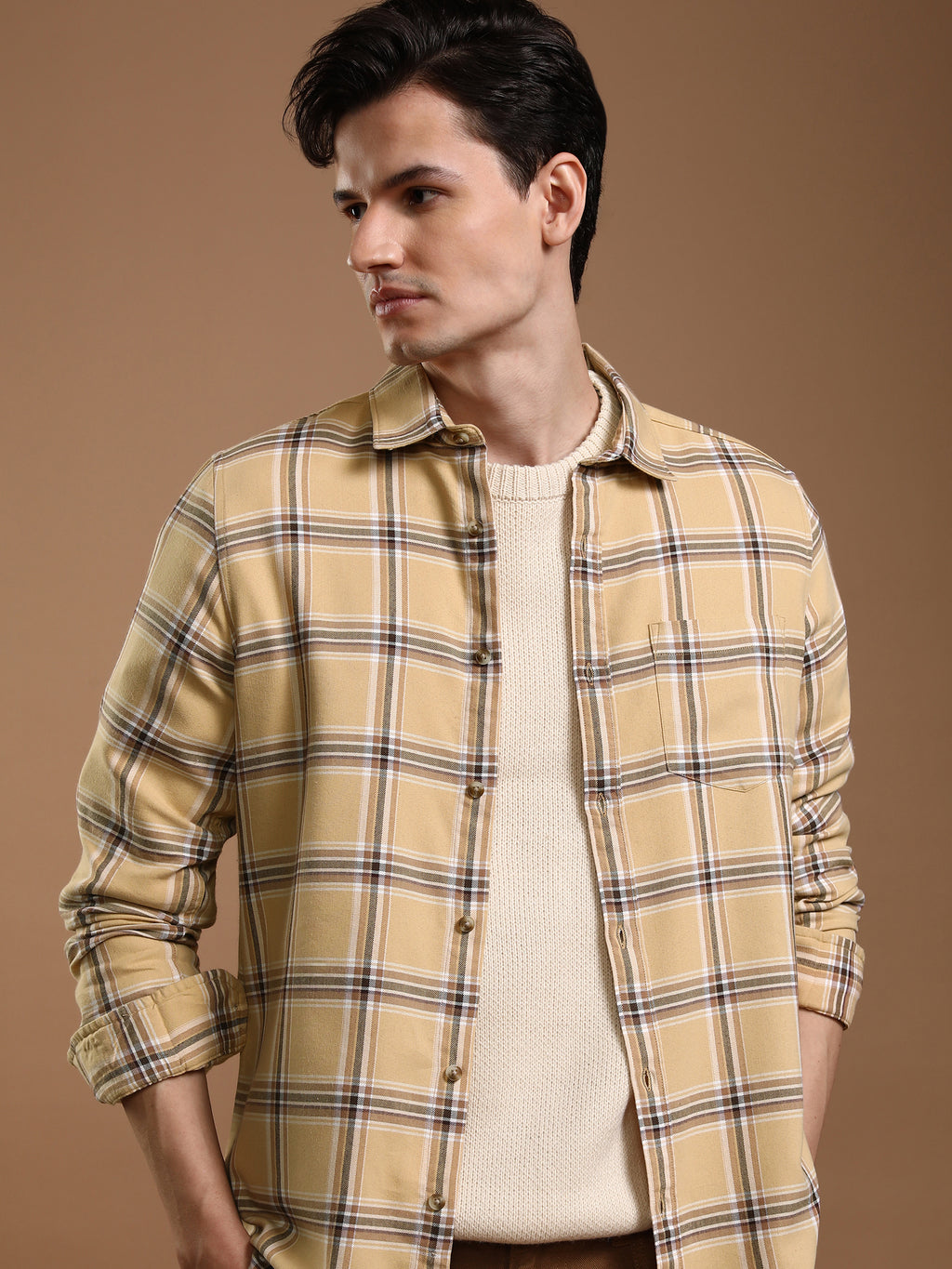 Highlander Men Beige Checked Regular Fit Casual Shirt - Beige - Image 1