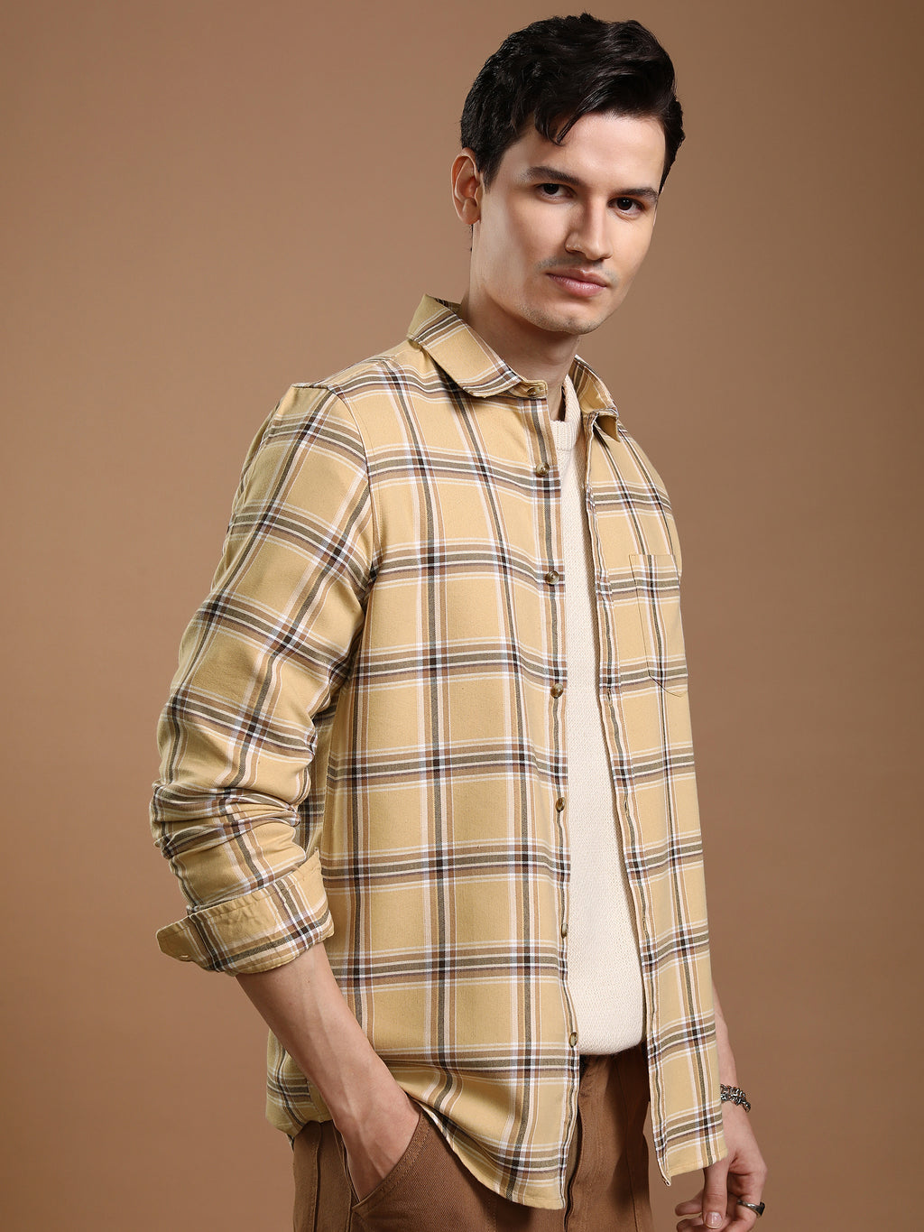 Highlander Men Beige Checked Regular Fit Casual Shirt - Beige - Image 6