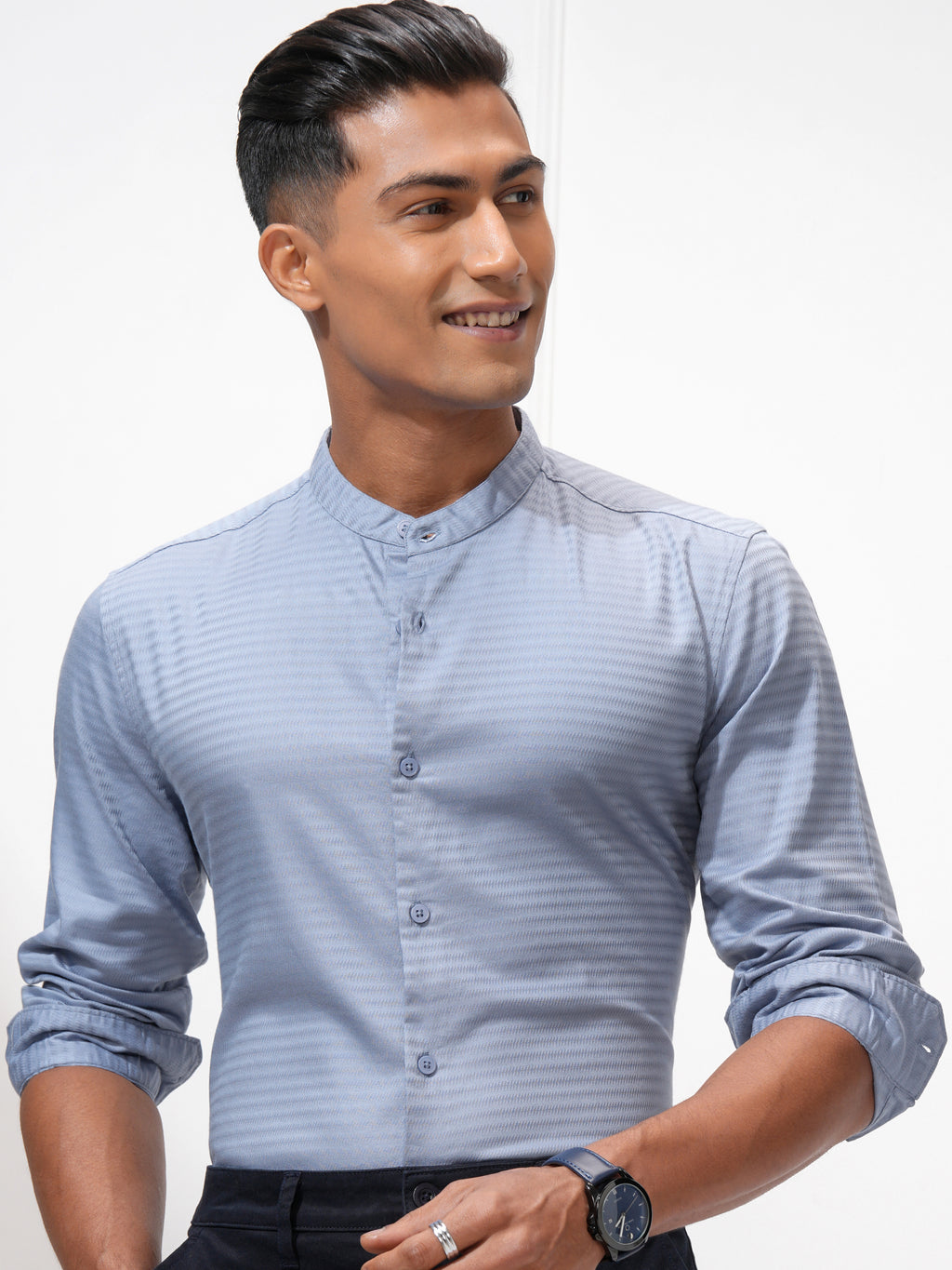 Highlander Men Blue Self Design Regular Fit Casual Shirt - Blue - Image 1