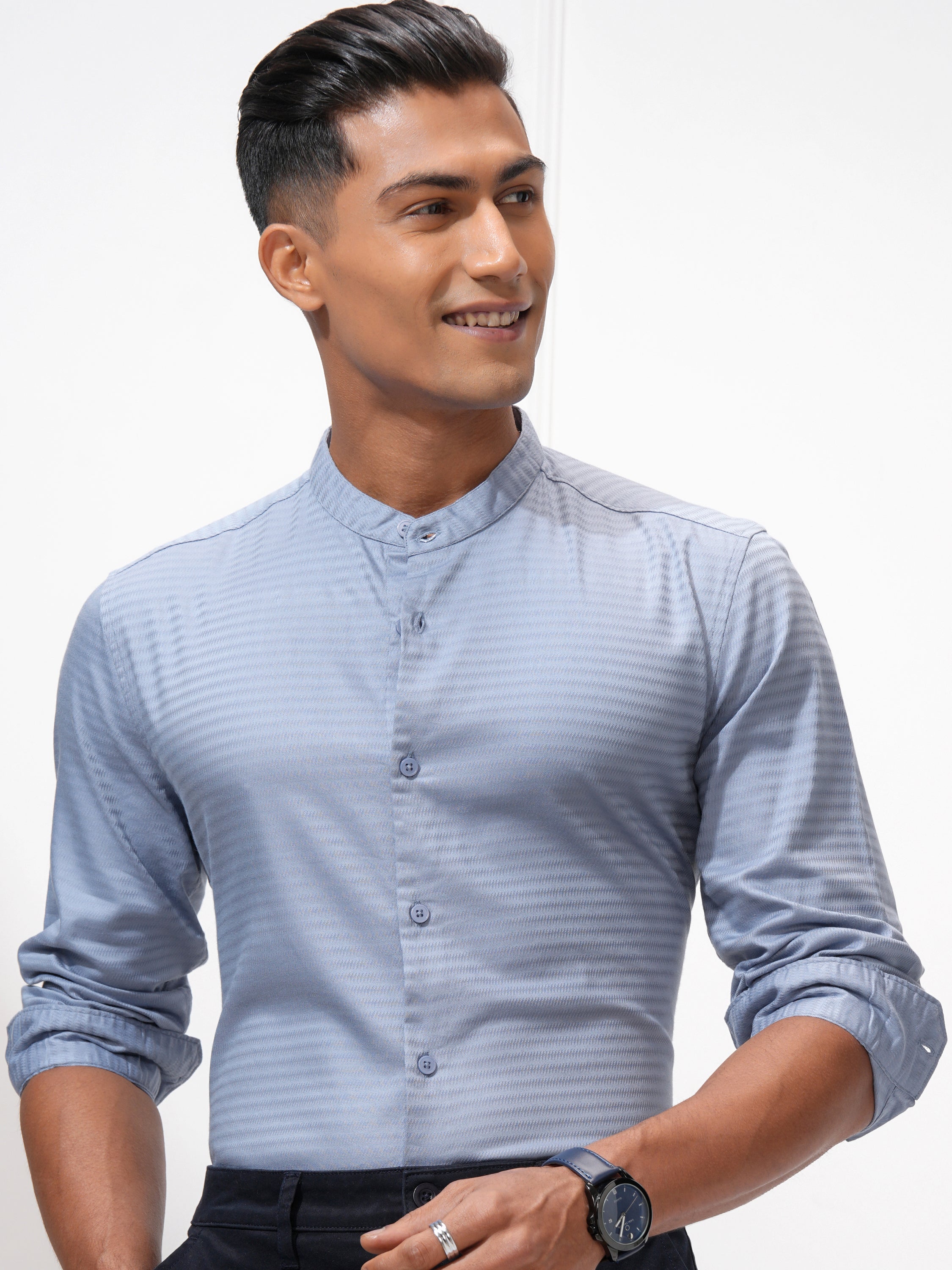 Highlander Men Blue Self Design Regular Fit Casual Shirt - Blue - Image 1
