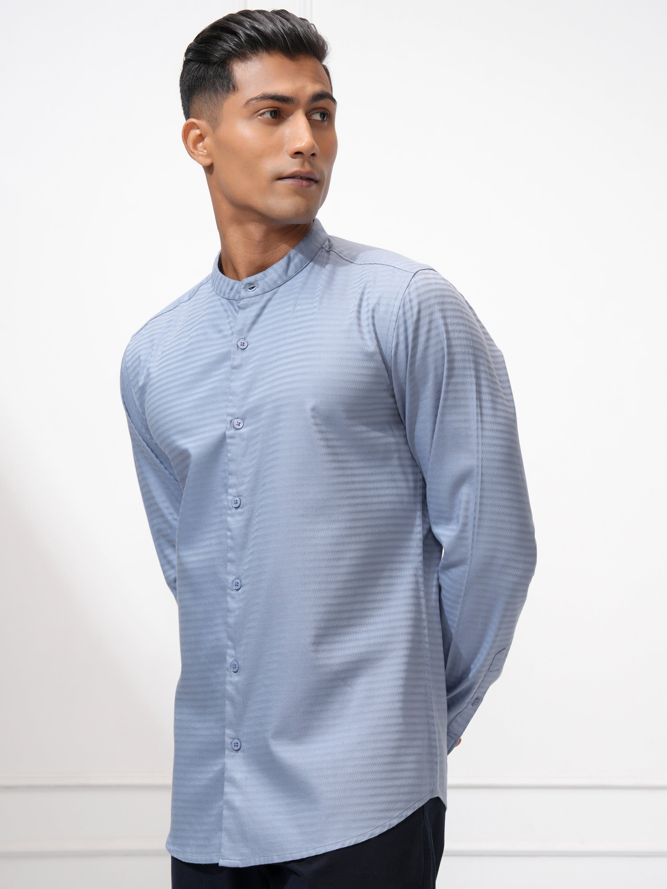 Highlander Men Blue Self Design Regular Fit Casual Shirt - Blue - Image 4
