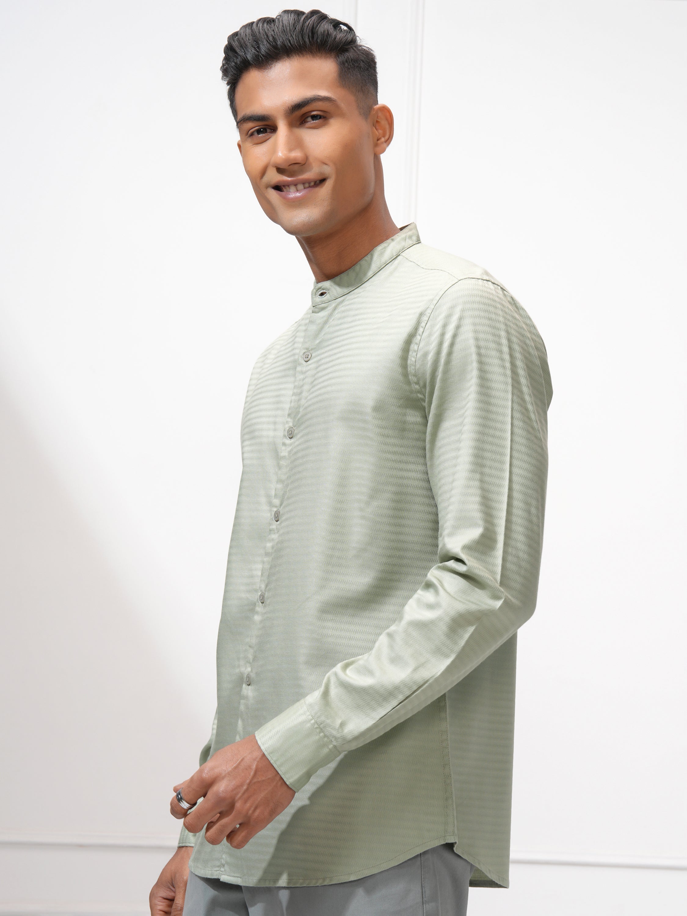 Highlander Men Green Self Design Regular Fit Casual Shirt - Green - Image 4