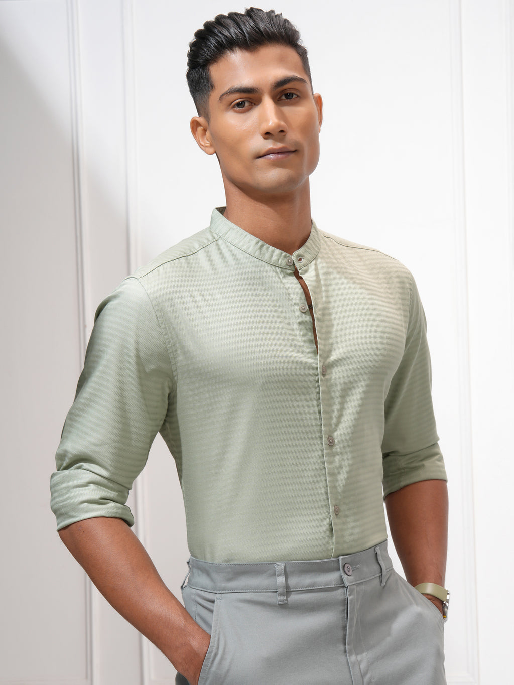 Highlander Men Green Self Design Regular Fit Casual Shirt - Green - Image 6