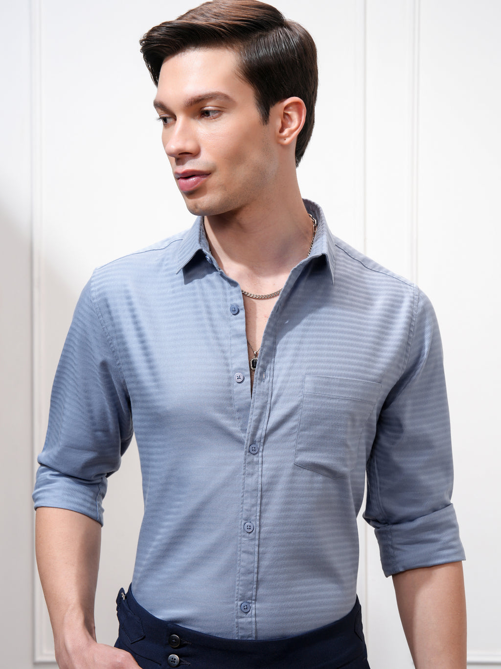 Highlander Men Blue Self Design Regular Fit Casual Shirt - Blue - Image 1