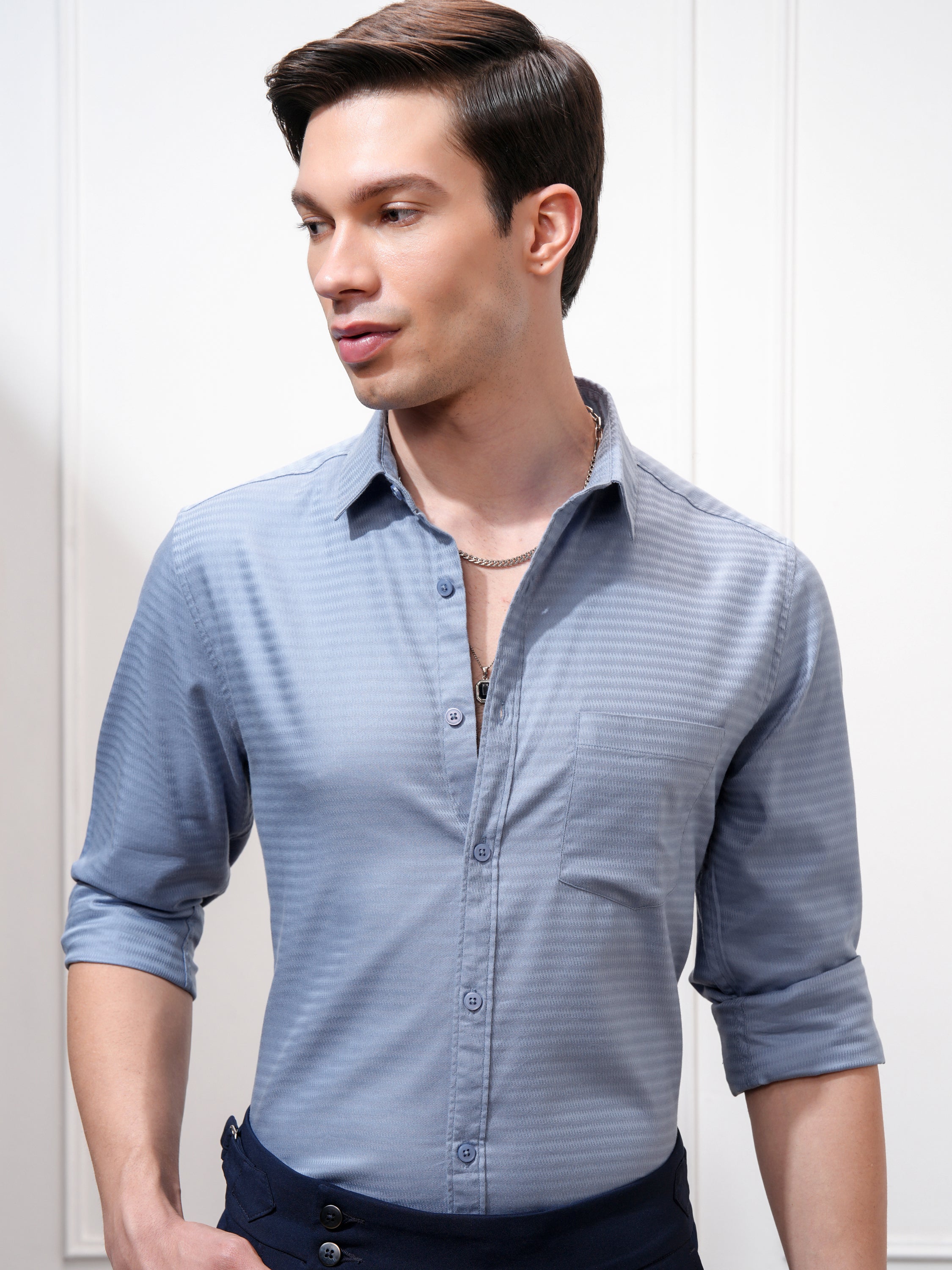 Highlander Men Blue Self Design Regular Fit Casual Shirt - Blue - Image 1