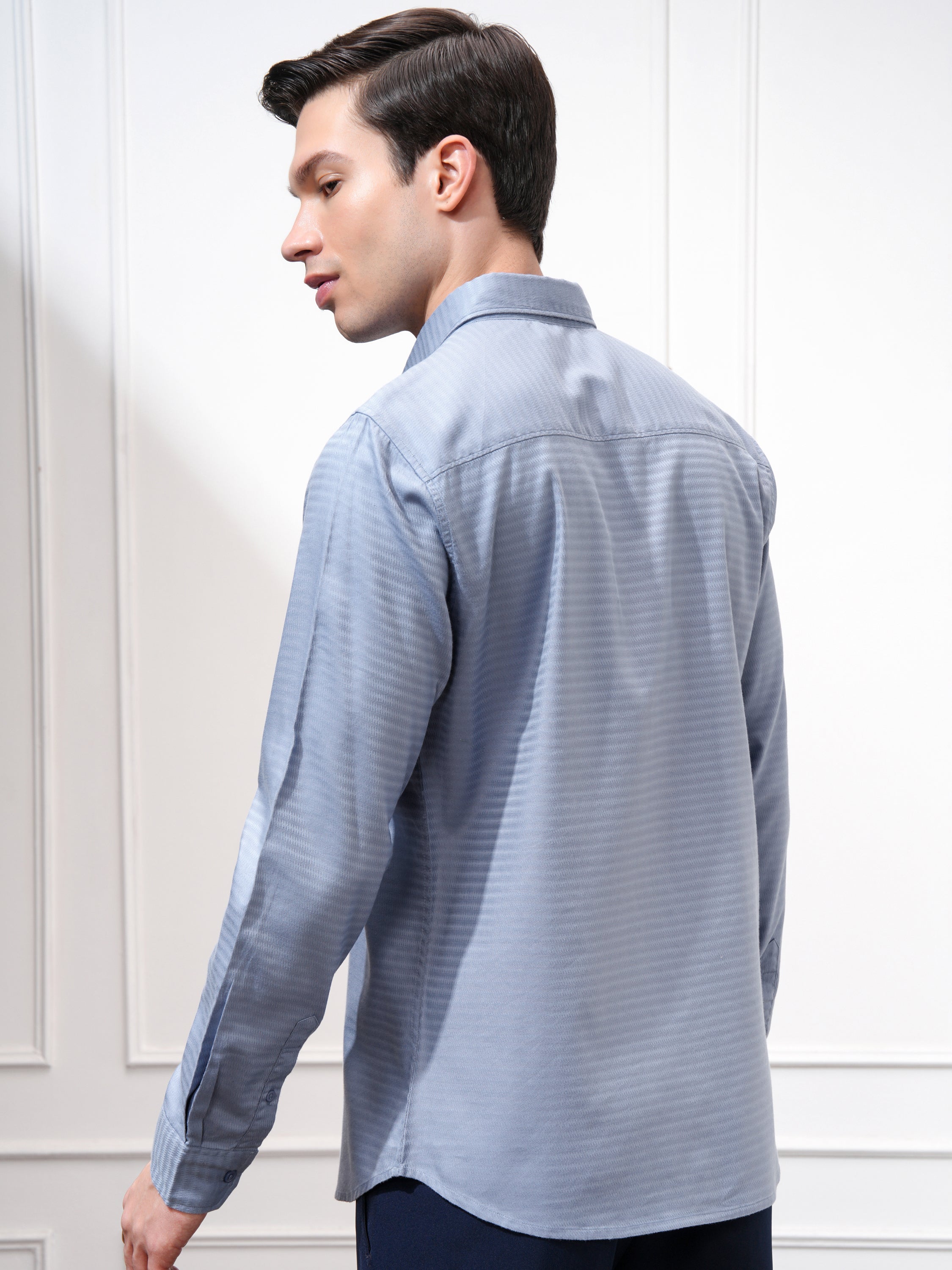 Highlander Men Blue Self Design Regular Fit Casual Shirt - Blue - Image 3