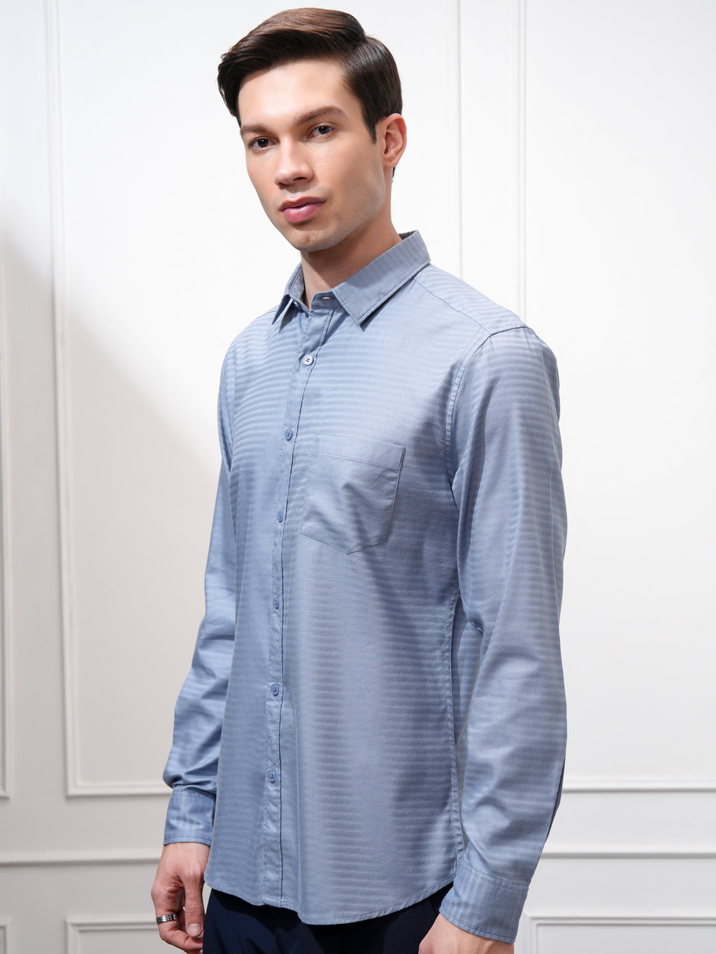 Highlander Men Blue Self Design Regular Fit Casual Shirt - Blue - Image 4