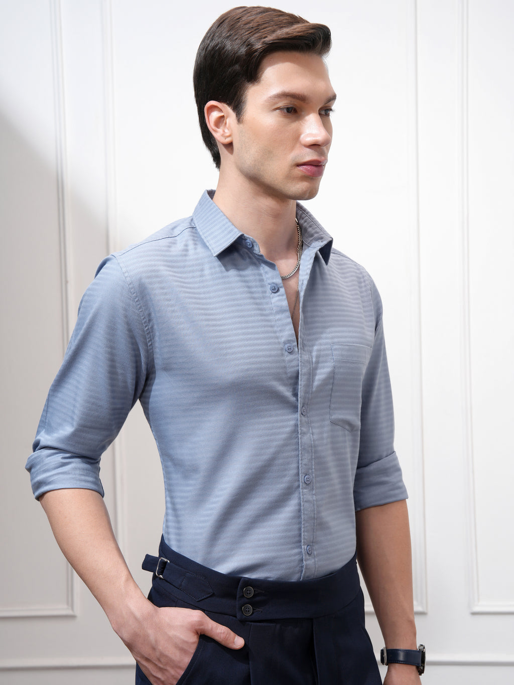Highlander Men Blue Self Design Regular Fit Casual Shirt - Blue - Image 6