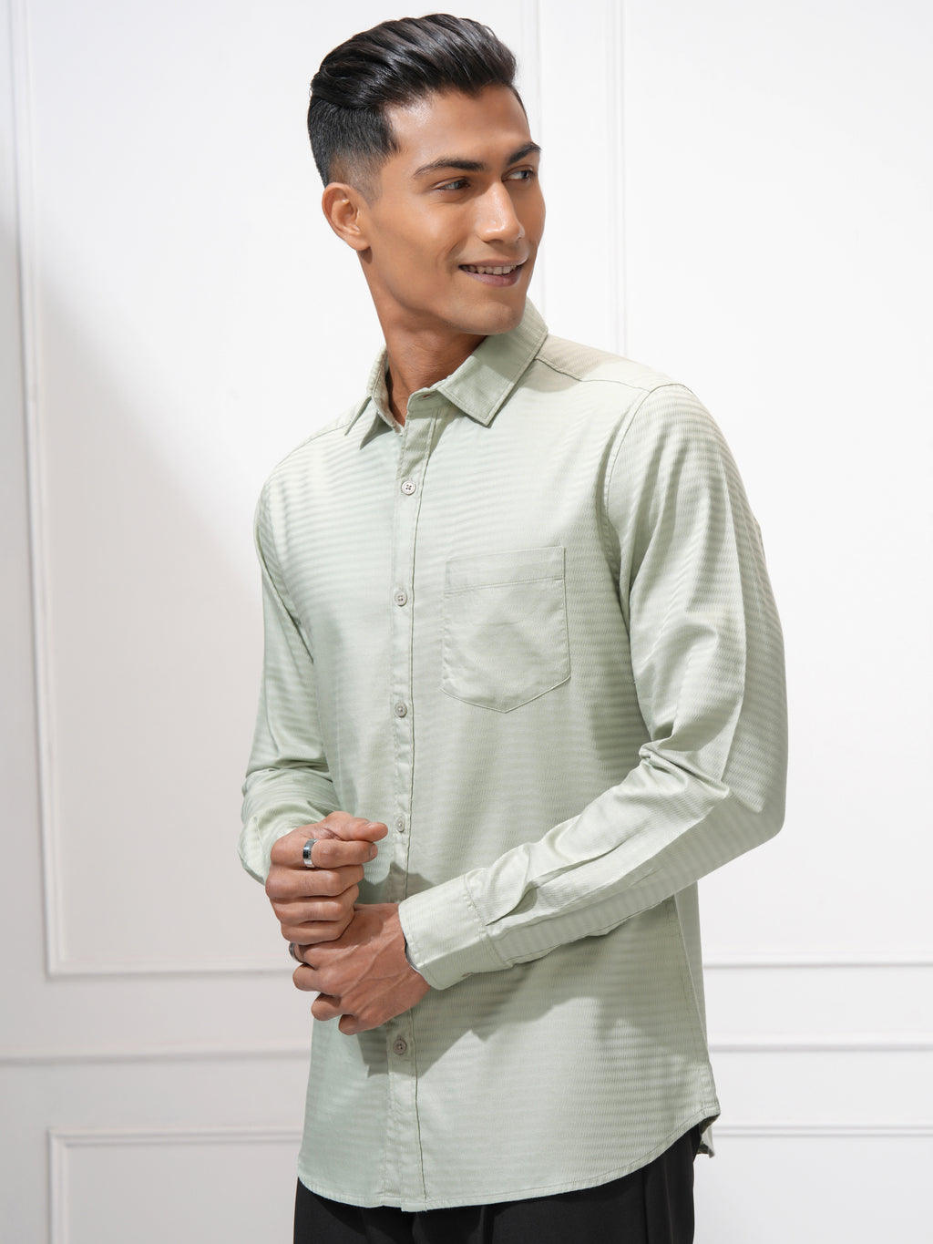 Highlander Men Green Self Design Regular Fit Casual Shirt - Green - Image 4