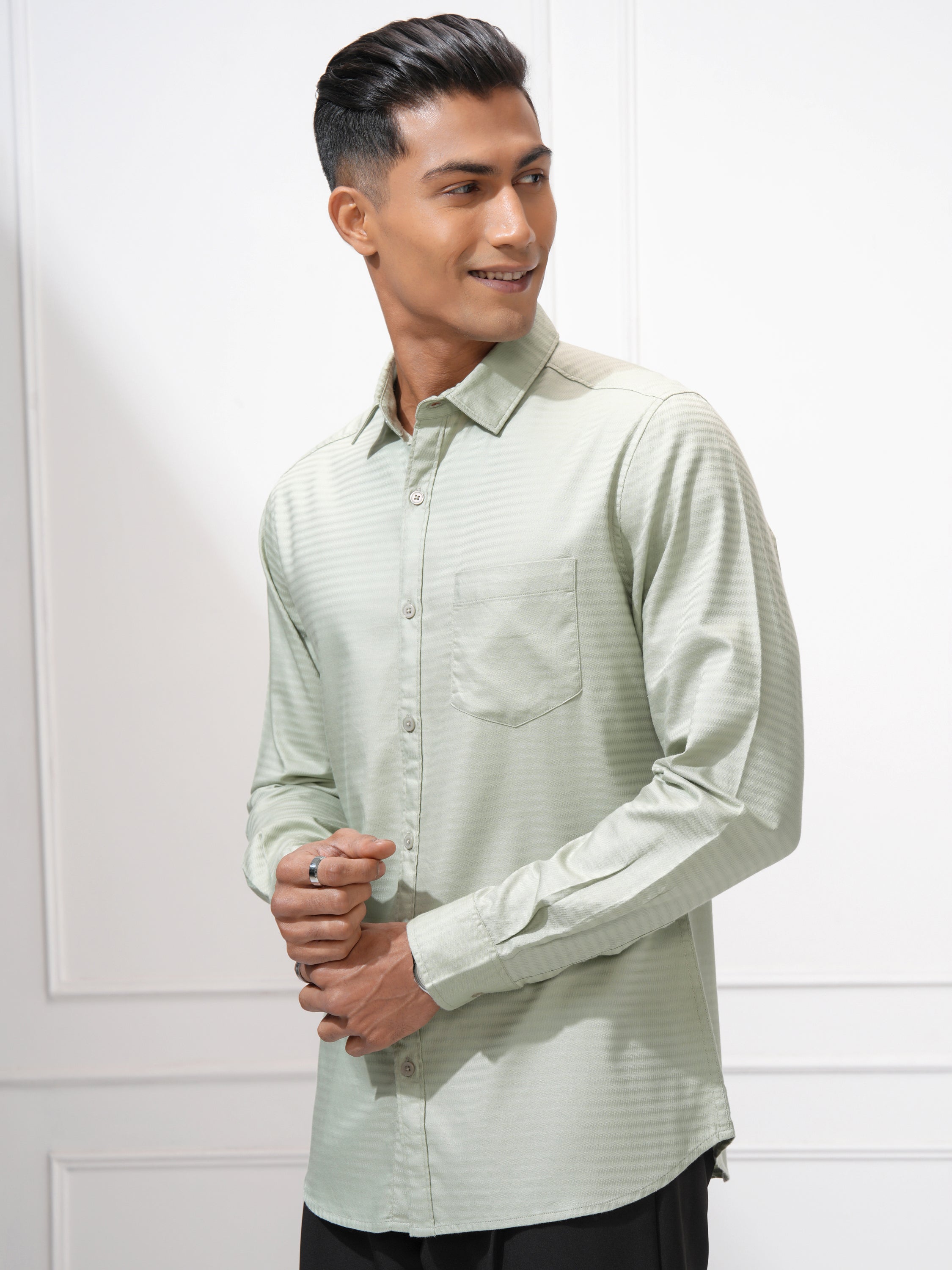 Highlander Men Green Self Design Regular Fit Casual Shirt - Green - Image 4