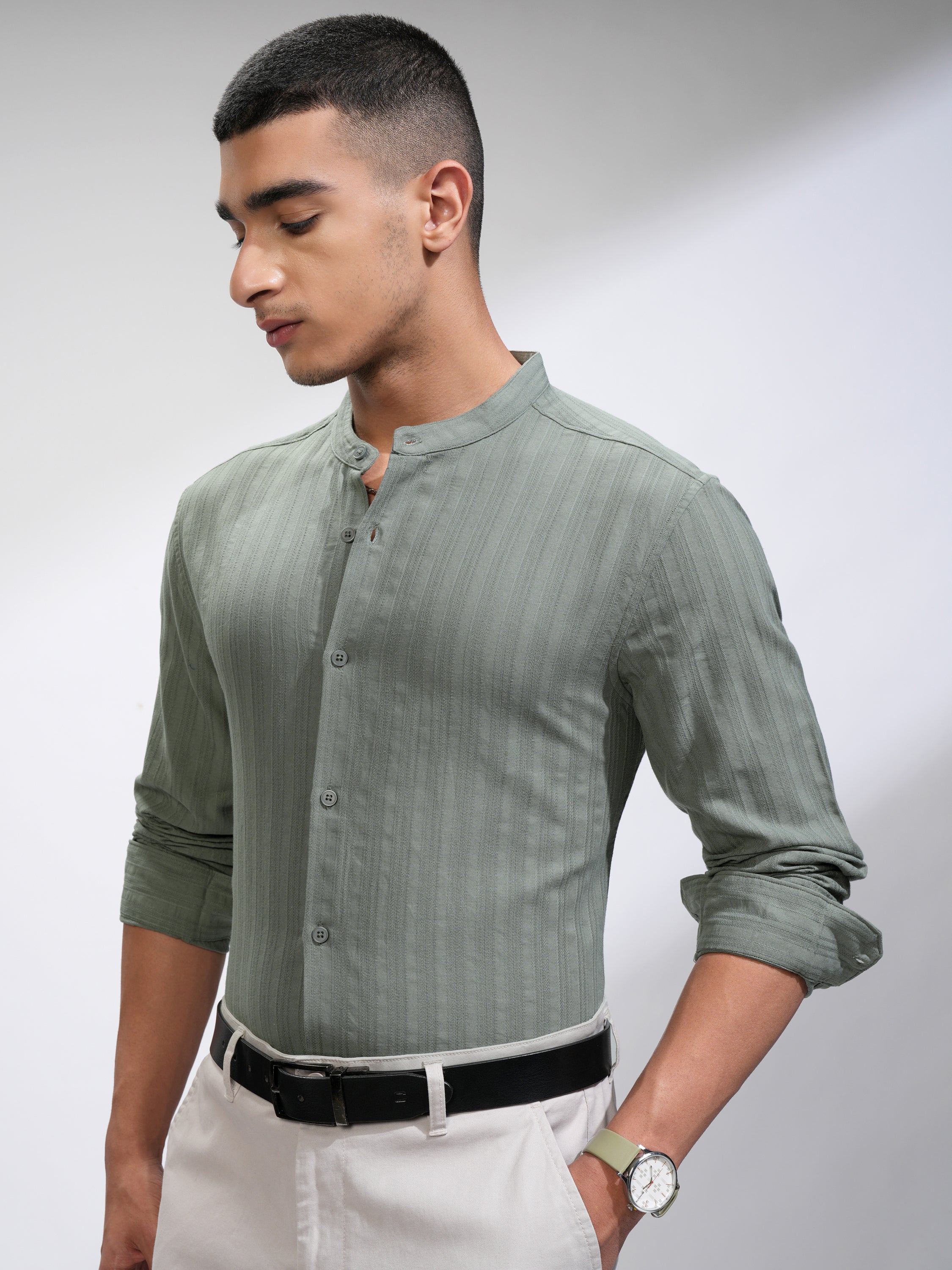 Highlander Men Green Self Design Regular Fit Casual Shirt - Green - Image 4