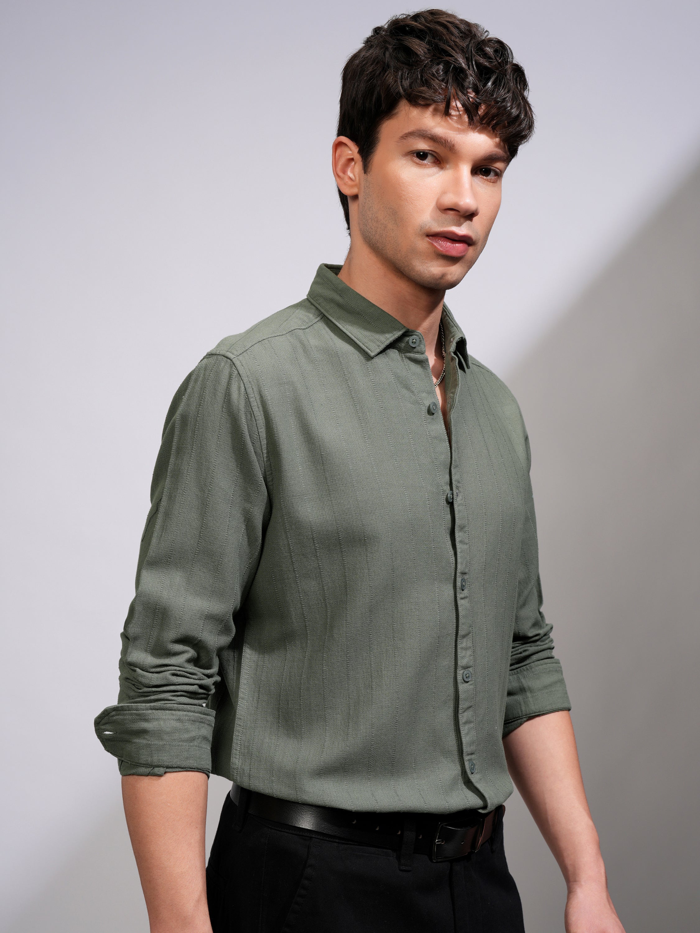 Highlander Men Green Self Design Regular Fit Casual Shirt - Green - Image 6