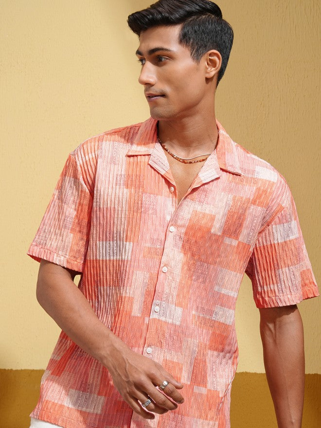 Highlander Men Orange Self Design Relaxed Fit Casual Shirt - Orange - Image 1