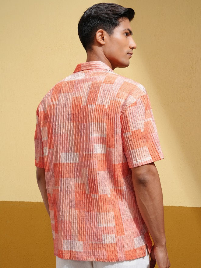 Highlander Men Orange Self Design Relaxed Fit Casual Shirt - Orange - Image 3
