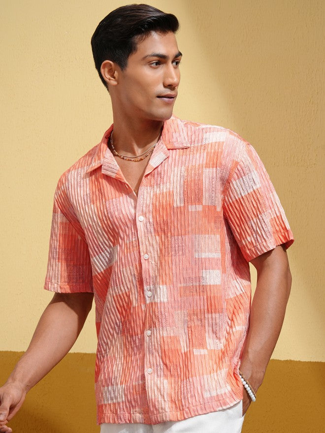 Highlander Men Orange Self Design Relaxed Fit Casual Shirt - Orange - Image 4