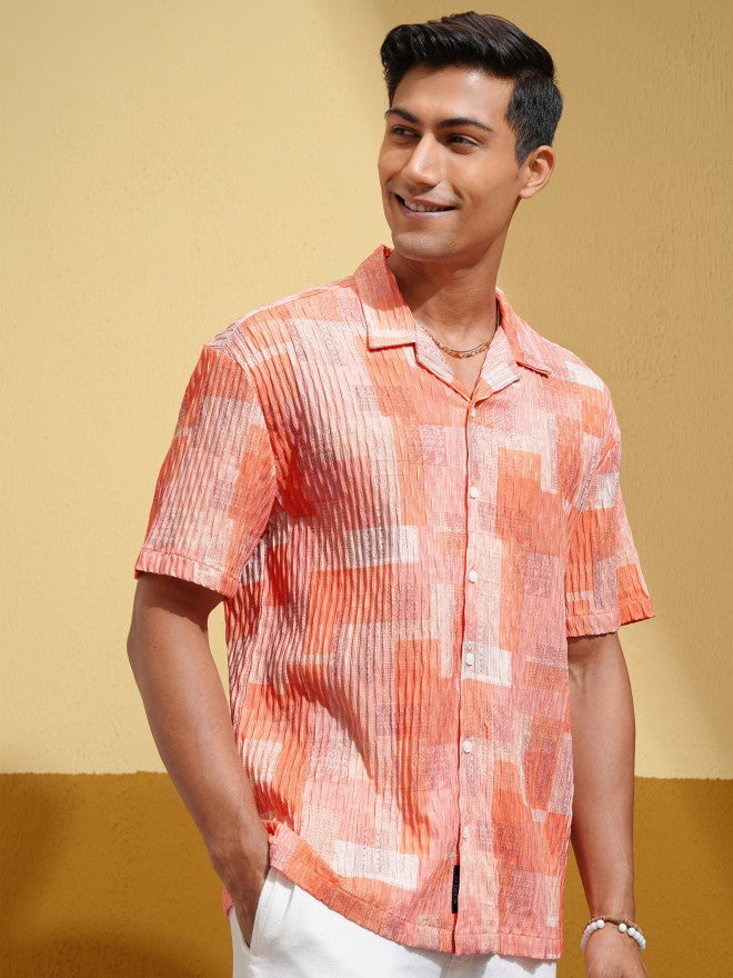 Highlander Men Orange Self Design Relaxed Fit Casual Shirt - Orange - Image 6