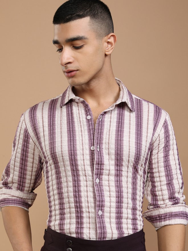 Highlander Men Mauve Striped Regular Fit Casual Shirt - Mauve - Image 1