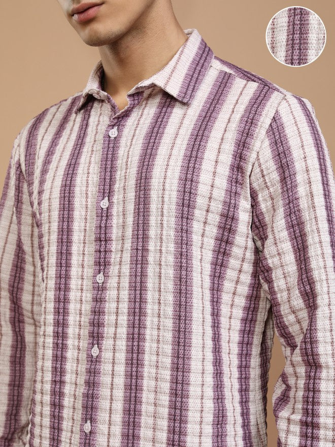 Highlander Men Mauve Striped Regular Fit Casual Shirt - Mauve - Image 5