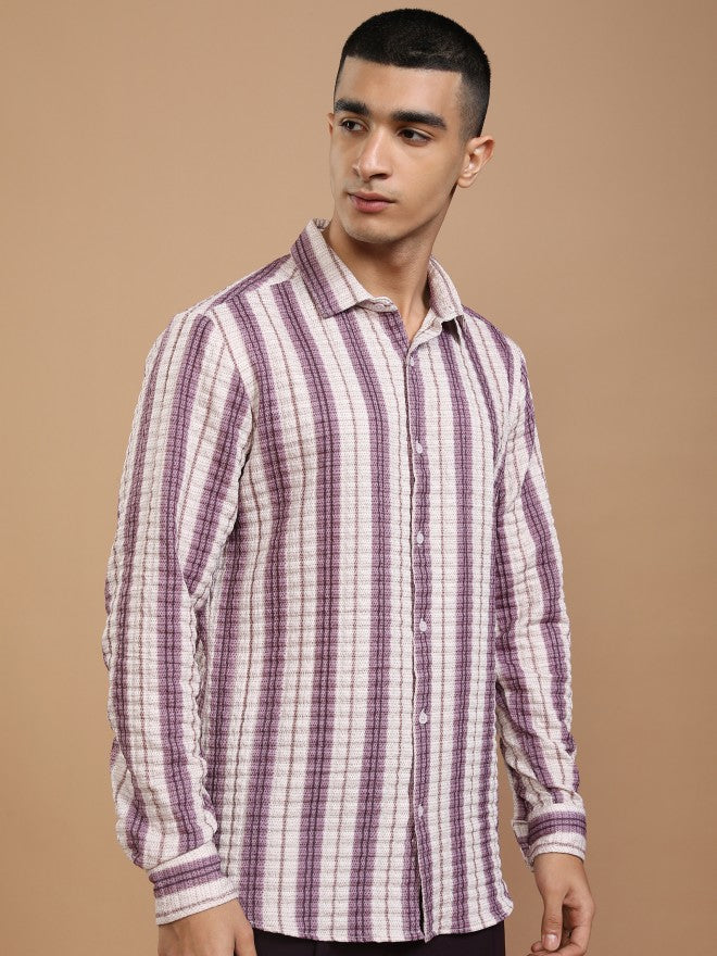 Highlander Men Mauve Striped Regular Fit Casual Shirt - Mauve - Image 6