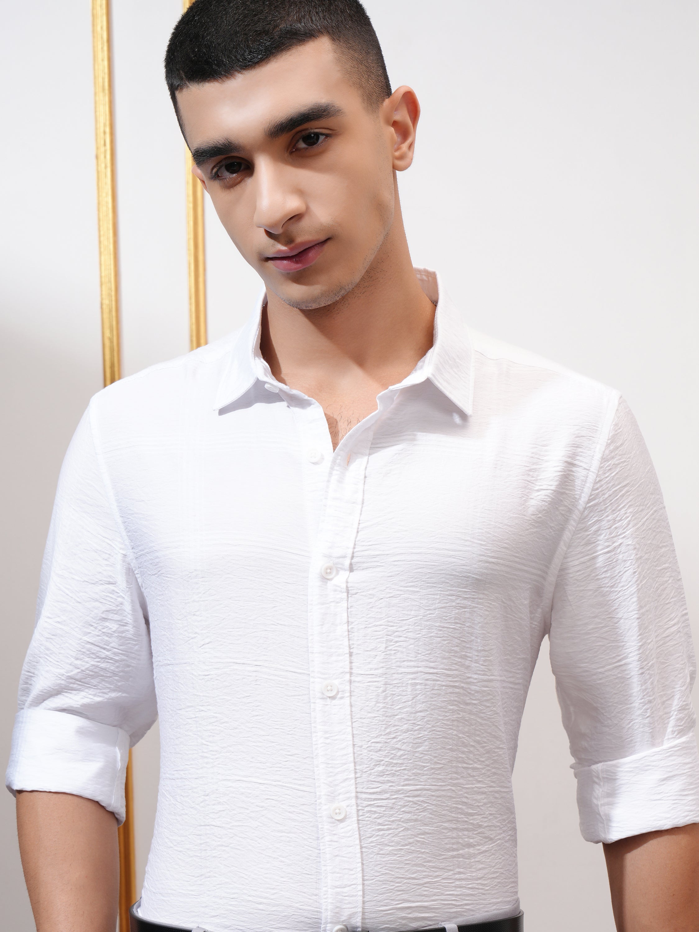 Highlander Men White Self Design Slim Fit Casual Shirt - White - Image 1